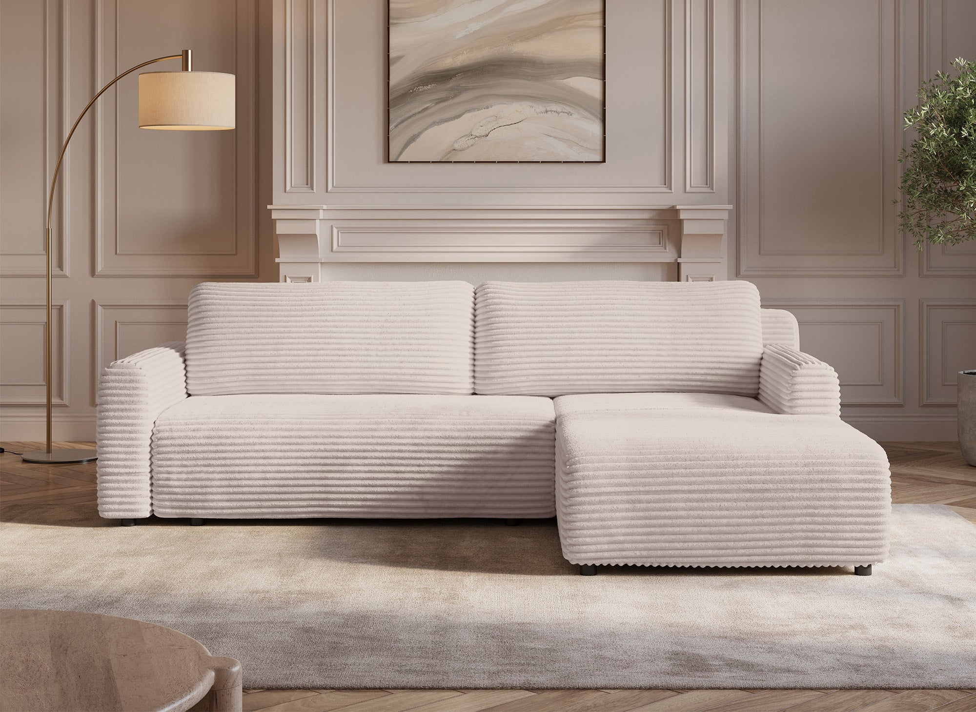 KATIA wendbares und umwandelbares Ecksofa mit Stauraum aus dickem, beigem Cord