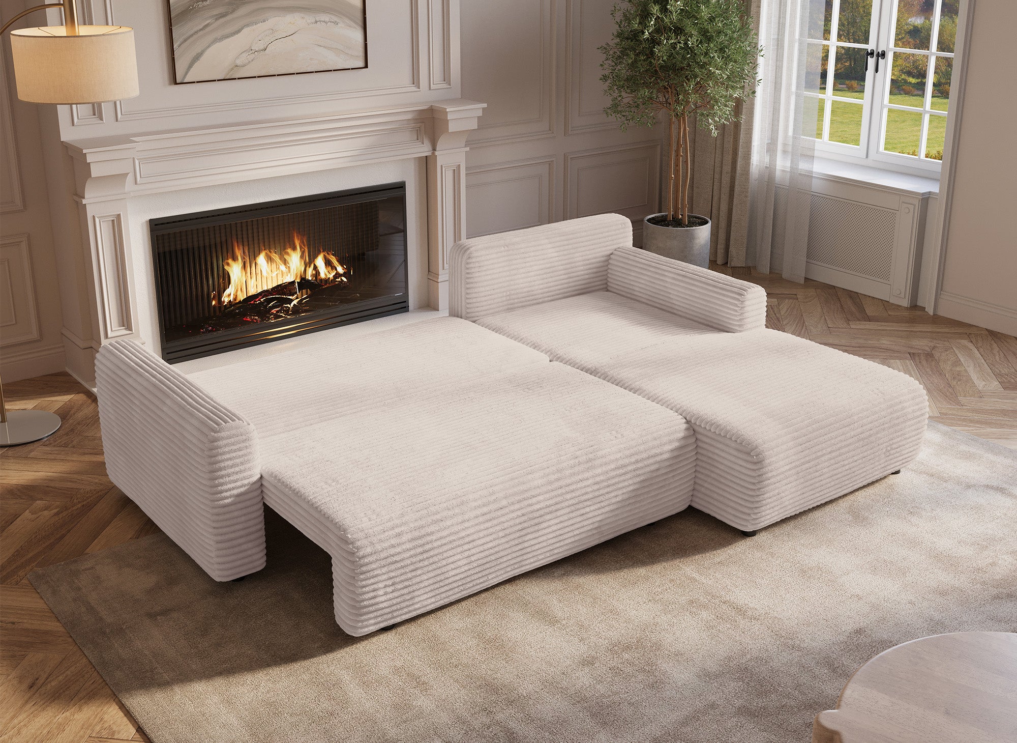 KATIA wendbares und umwandelbares Ecksofa mit Stauraum aus dickem, beigem Cord