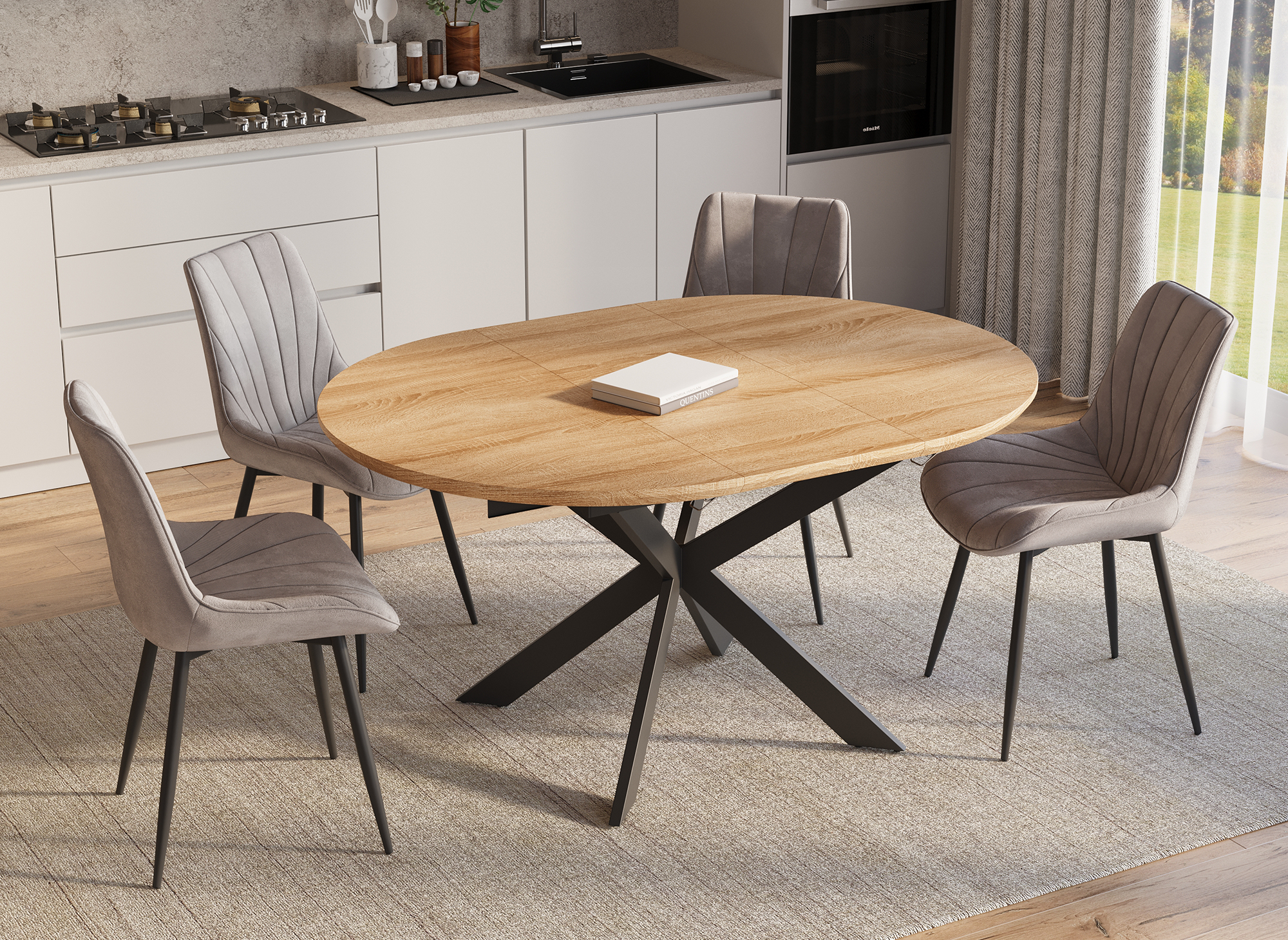 Runder, ausziehbarer Esstisch VENOM in Eichenfarbe