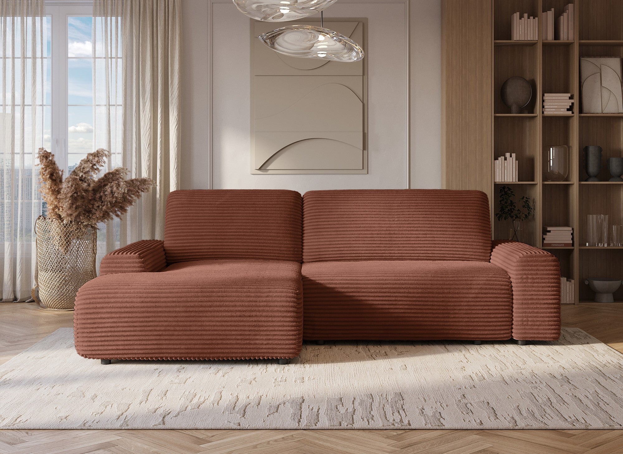 Ecksofa links mit Bettkasten aus dickem Cord in Terrakotta BALI - Ecke links