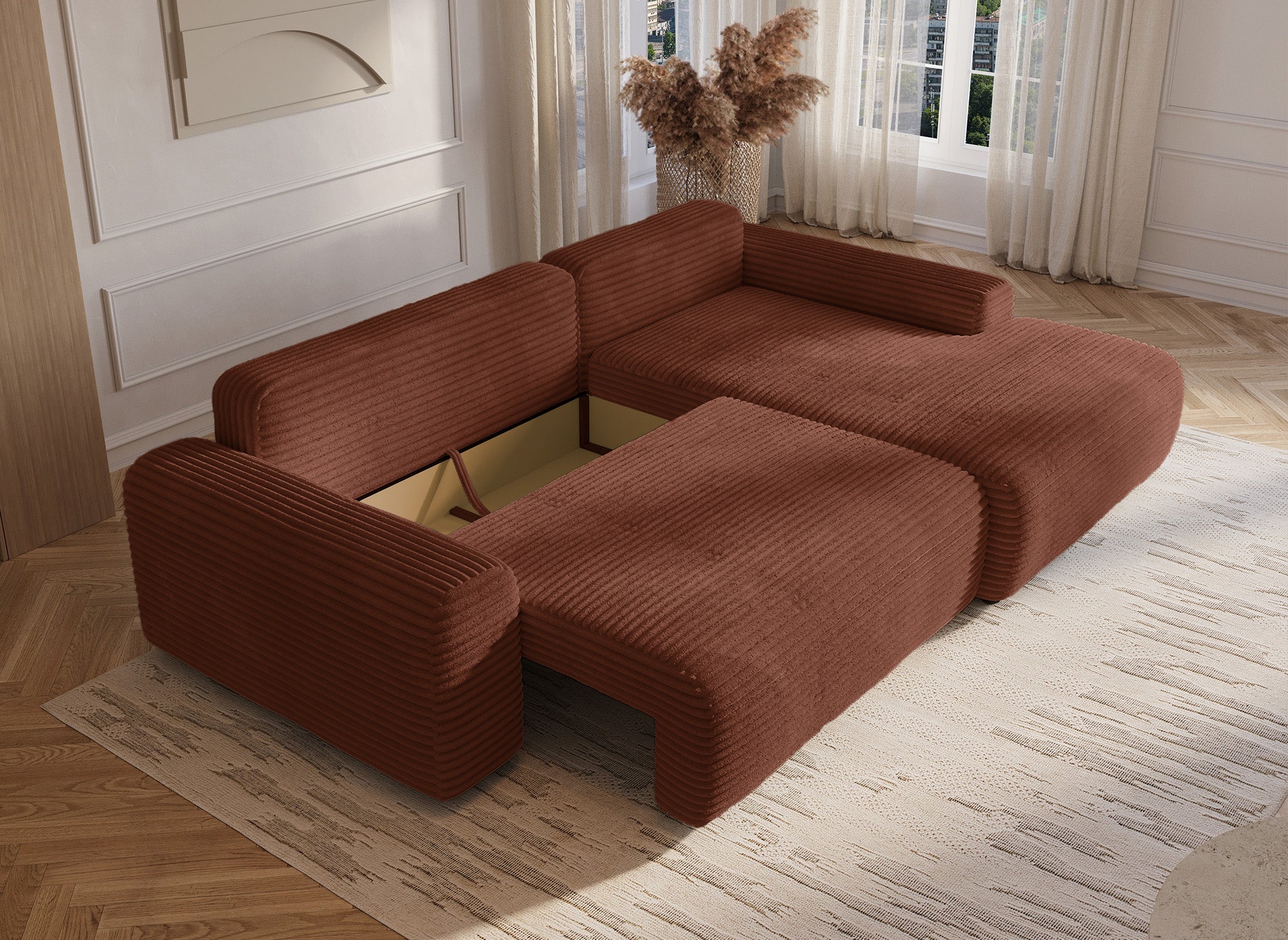 Ecksofa rechts mit Bettkasten aus dickem Cord in Terrakotta BALI - Ecke rechts