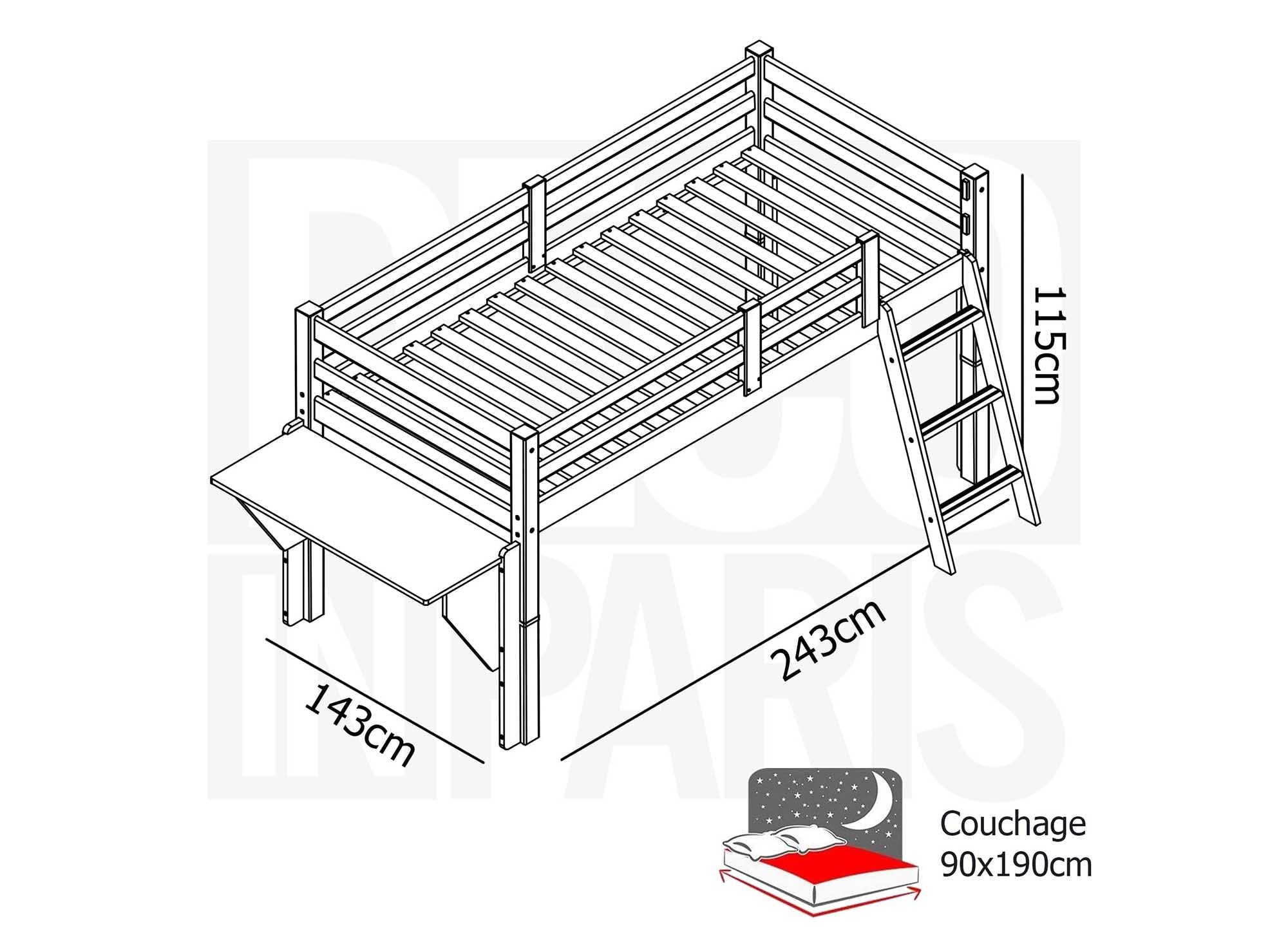 ARMAND halbhohes Hochbett 90 x 190 cm in Holz und Weiß