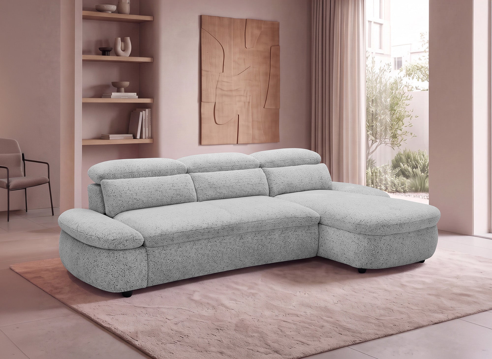 Elektrisches Relax-Ecksofa aus grauem Frotteestoff CLEMENT – rechtwinklig