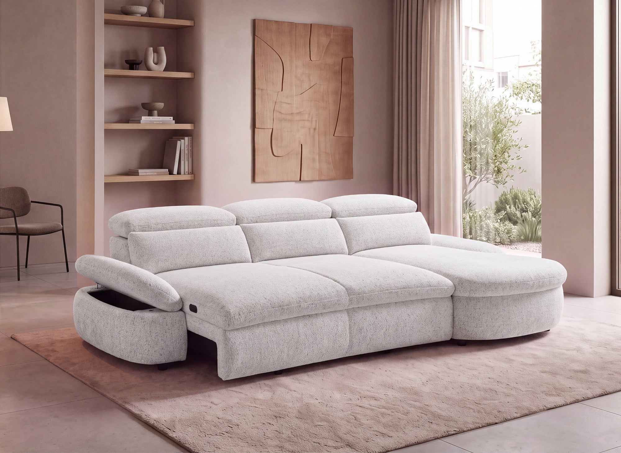 Elektrisches Relax-Ecksofa aus beigem Frotteestoff CLEMENT – rechtwinklig