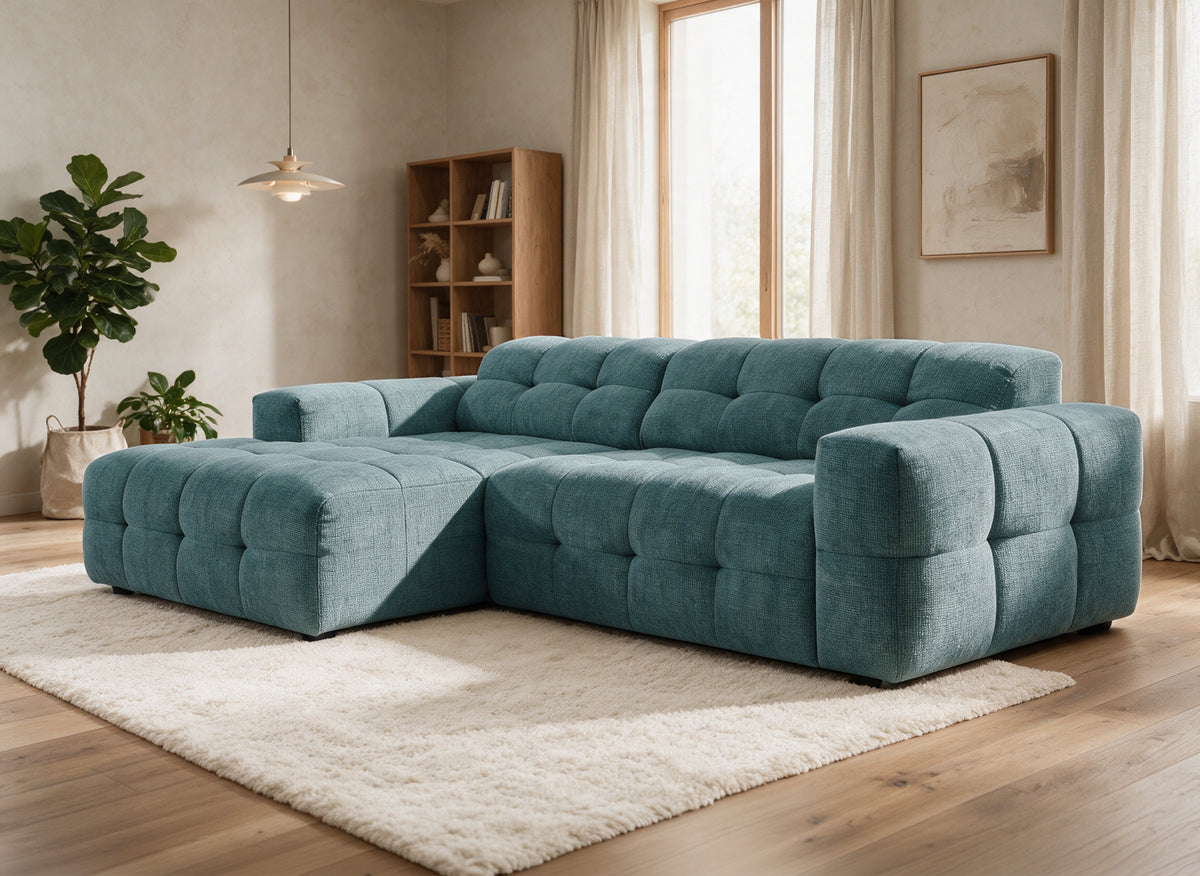 Entspanntes Ecksofa aus blauem strukturiertem Samt FEDORA – Linke Ecke