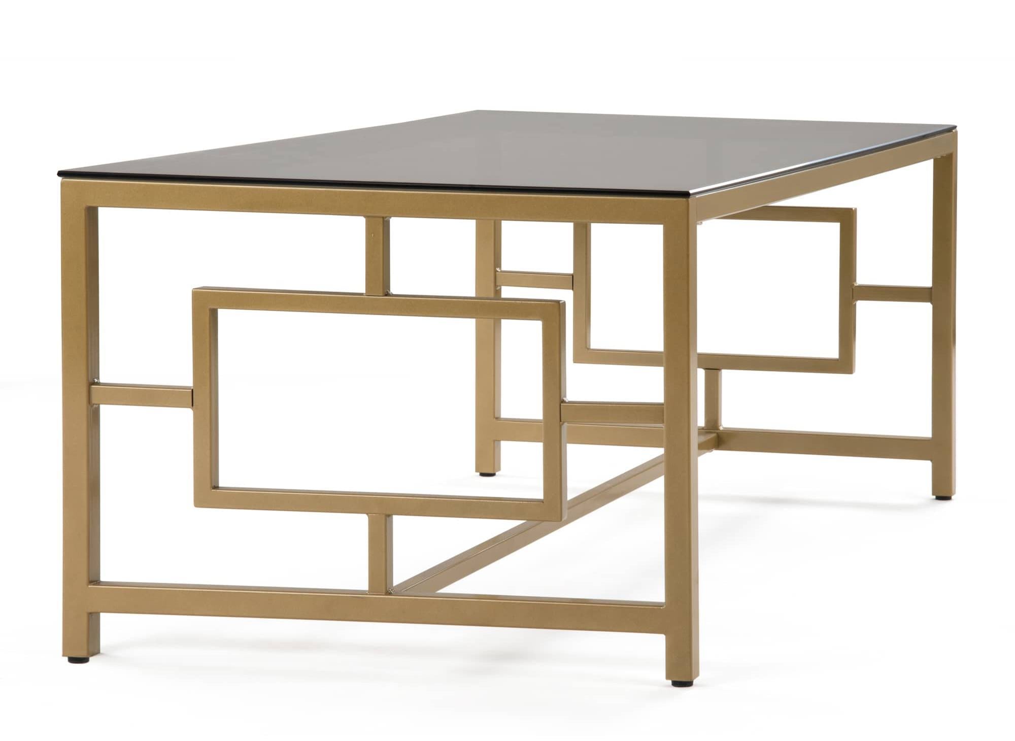 Rechteckiger Designer-Couchtisch PABLO aus schwarzem Glas und goldfarbenem Metall