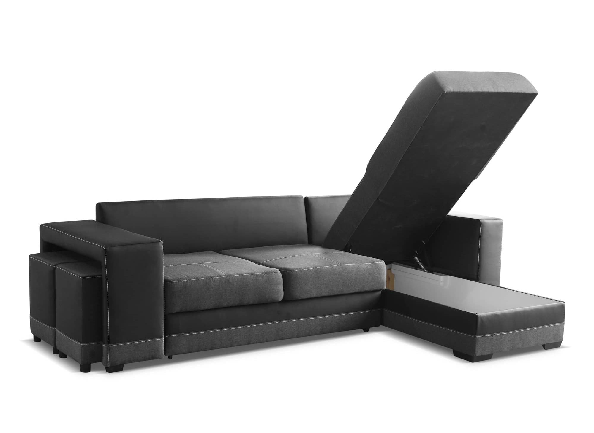 Wendbares Ecksofa mit Stauraum und 2 schwarzen und anthrazitfarbenen Poufs LISBON