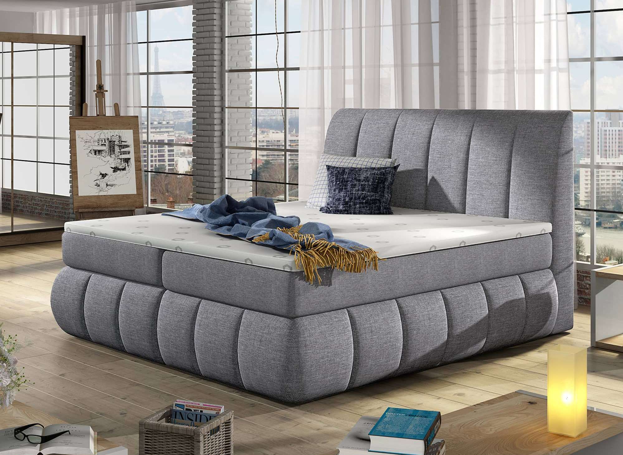 Boxspringbett 180x200 mit Stauraum in grauem Stoff - VALERIA