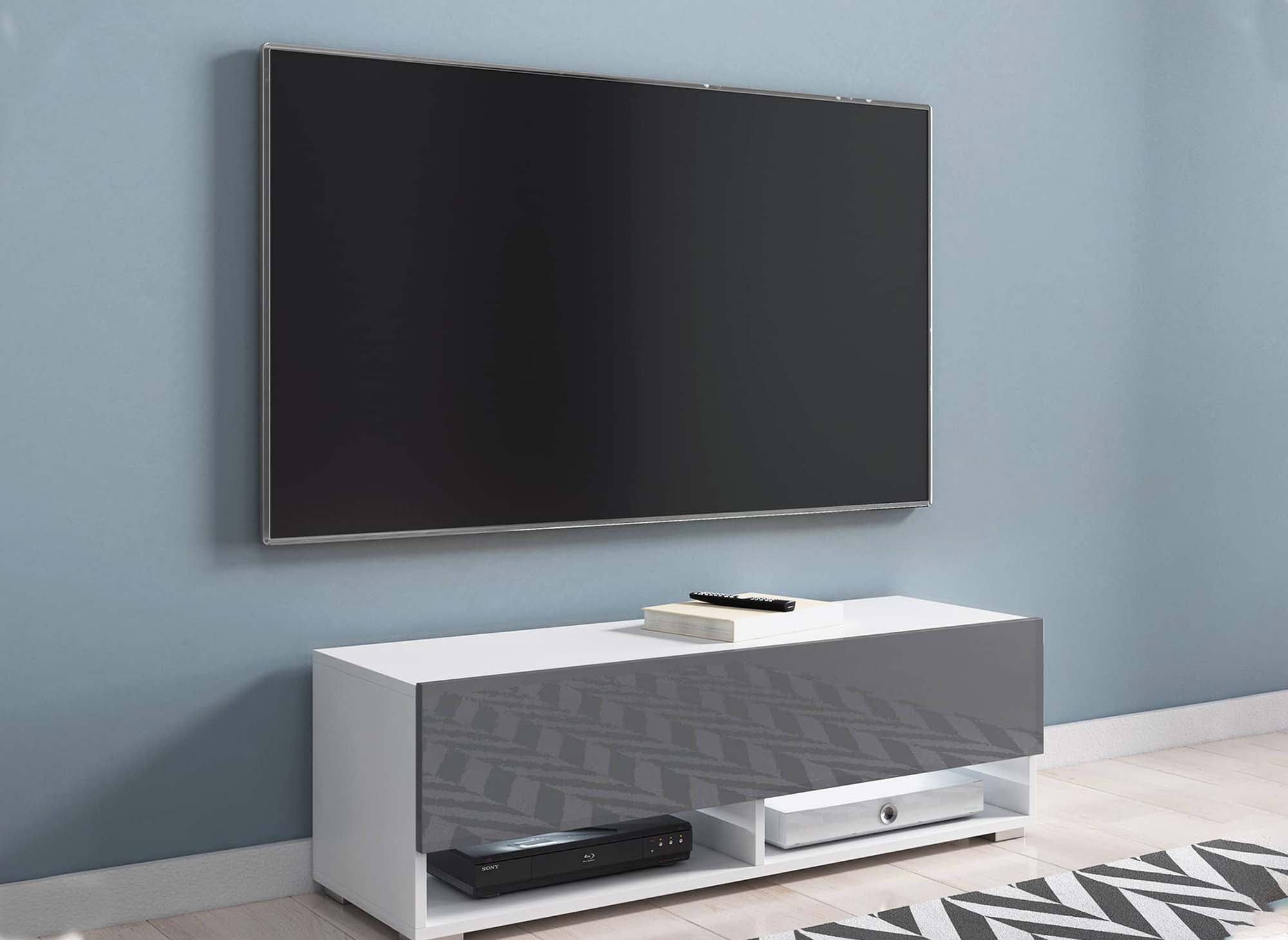 ROMANE TV-Wandschrank mit 1 Tür und 2 Nischen, weiß und grau – 100 cm