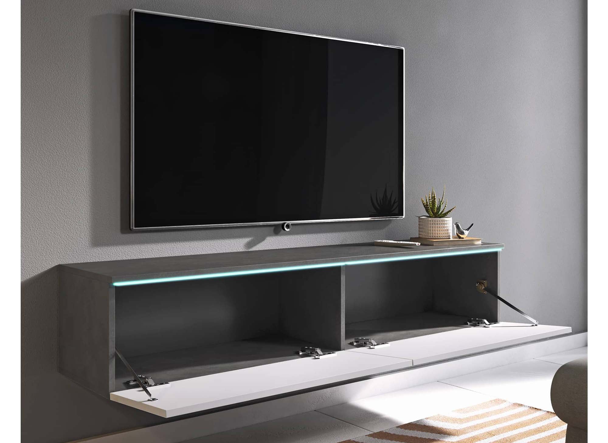 Moderner grau-weißer TV-Schrank mit LED 2 Türen MALORIE - 140 cm