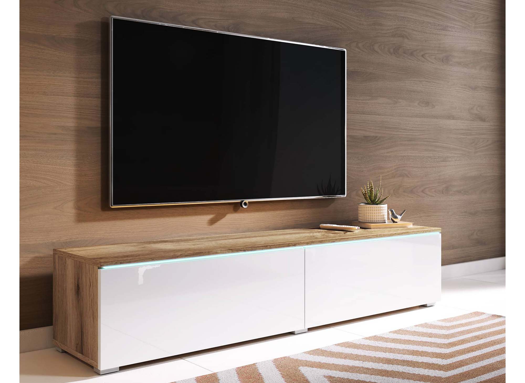 Moderner TV-Schrank aus Eiche und weiß lackiert mit LED 2 Türen MALORIE - 140 cm