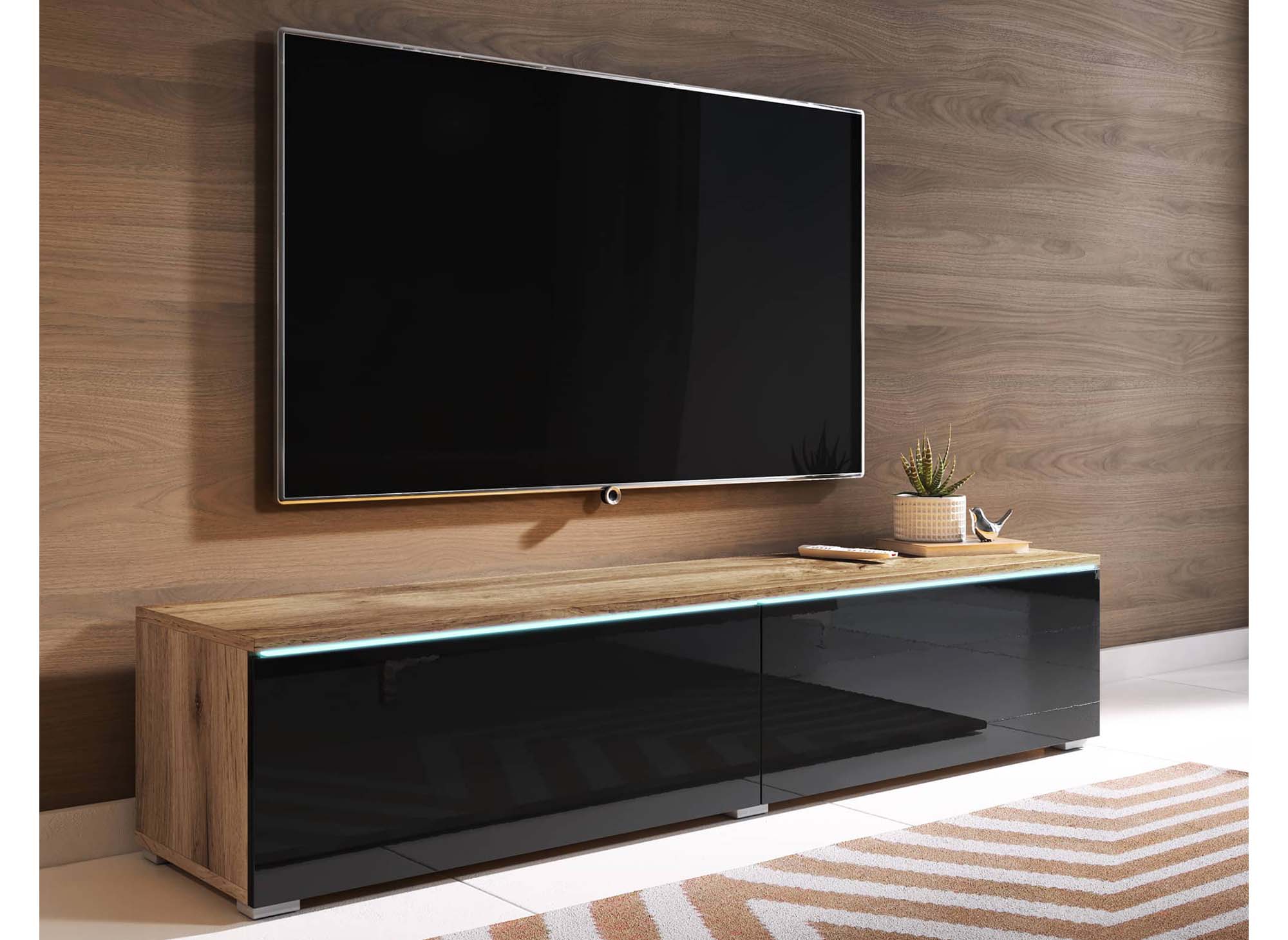 MALORIE 2-türiger TV-Schrank aus gealterter Eiche und schwarz lackiert mit LED-Beleuchtung - 140 cm