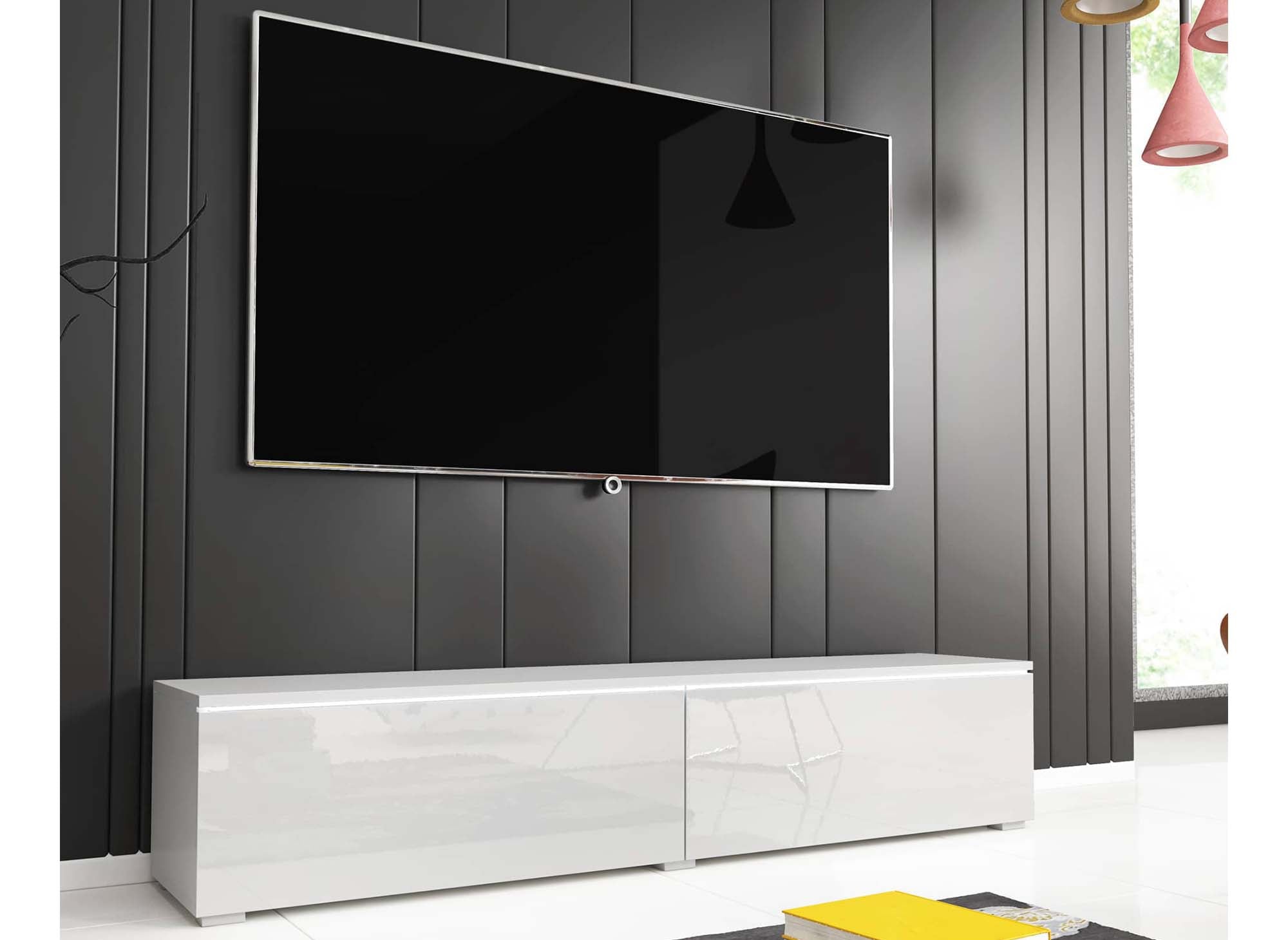 Moderner weiß lackierter TV-Schrank mit LED 2 Türen MALORIE - 140 cm