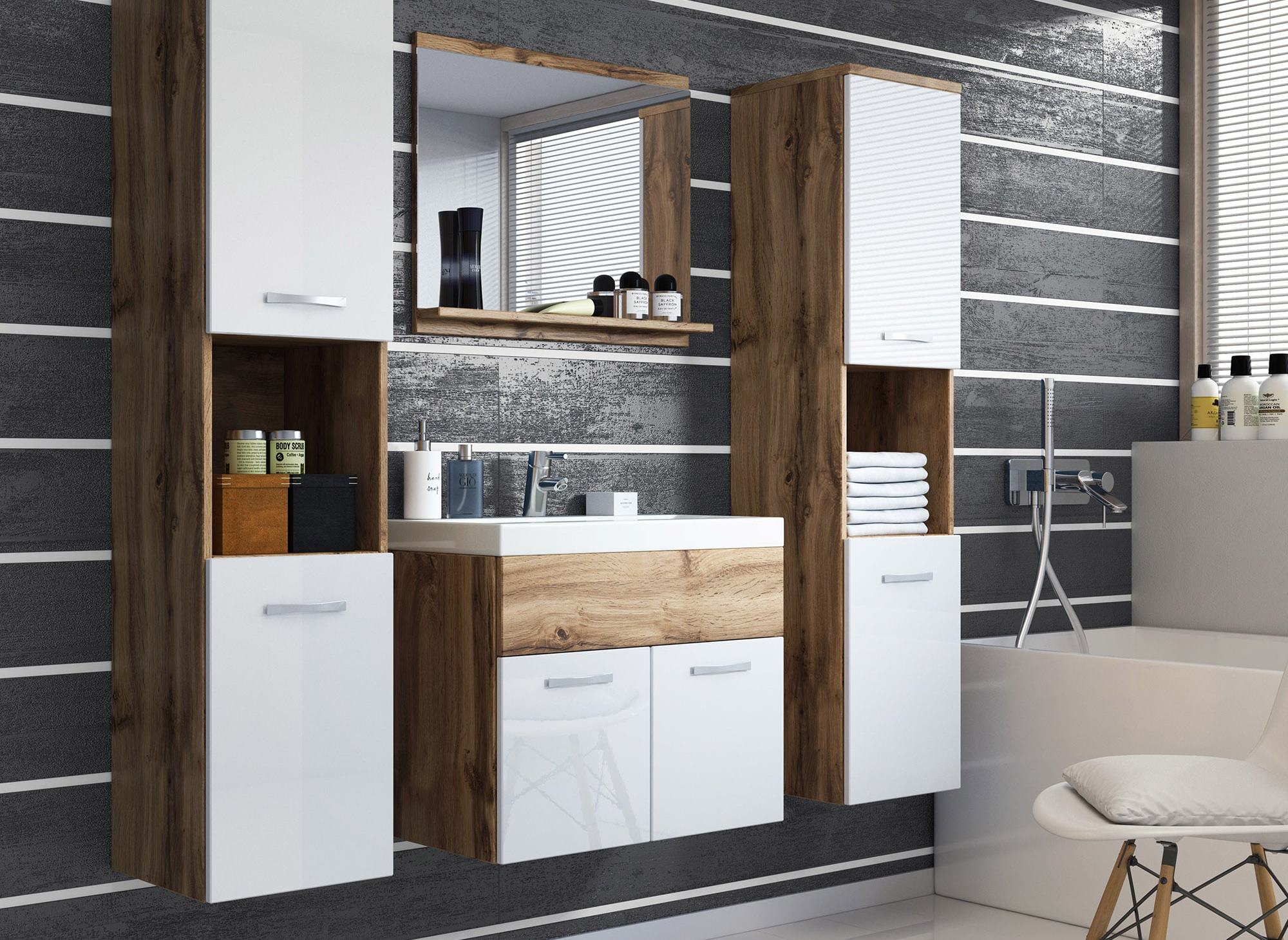 XL-Badmöbel-Set zur Wandmontage - Holz und Weiß HARMONY