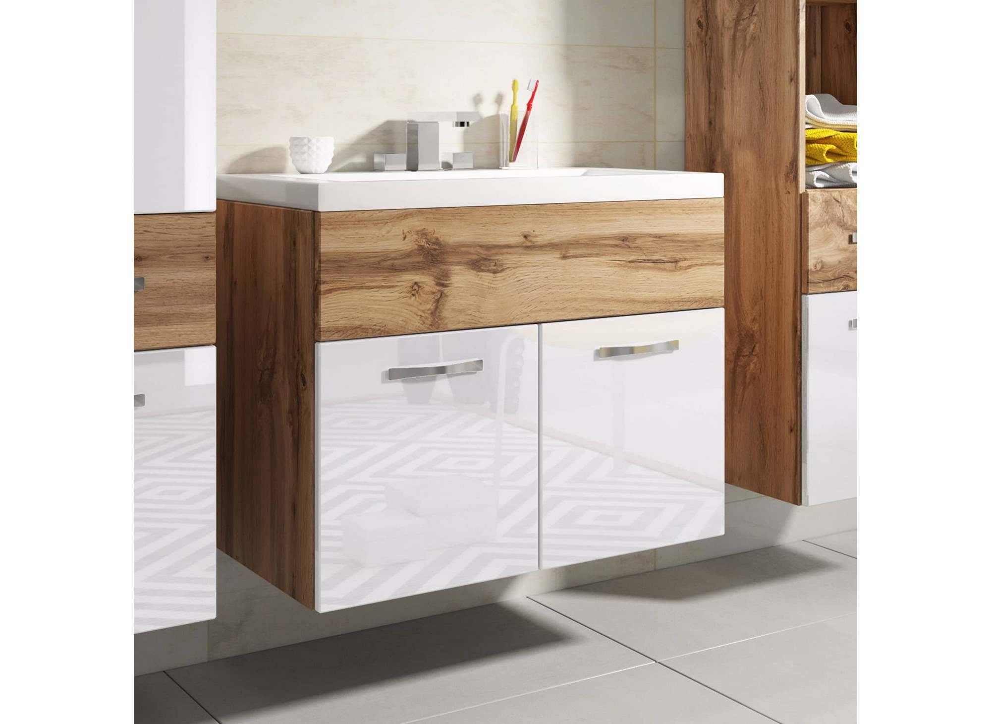 Wandmontiertes Badezimmermöbel-Set - Altholz und Weiß SHELBY