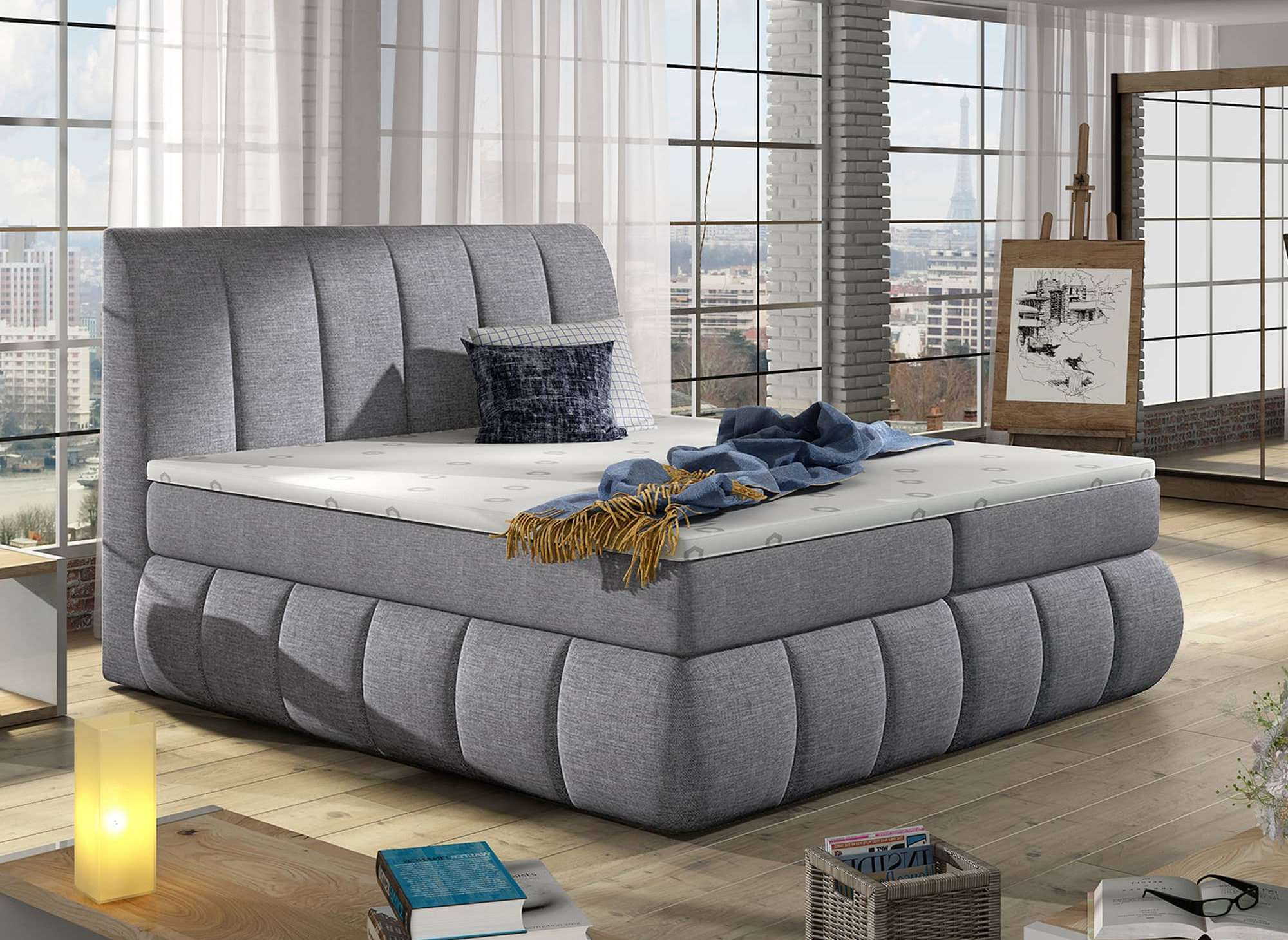 Boxspringbett 160x200 mit Stauraum in grauem Stoff - VALERIA