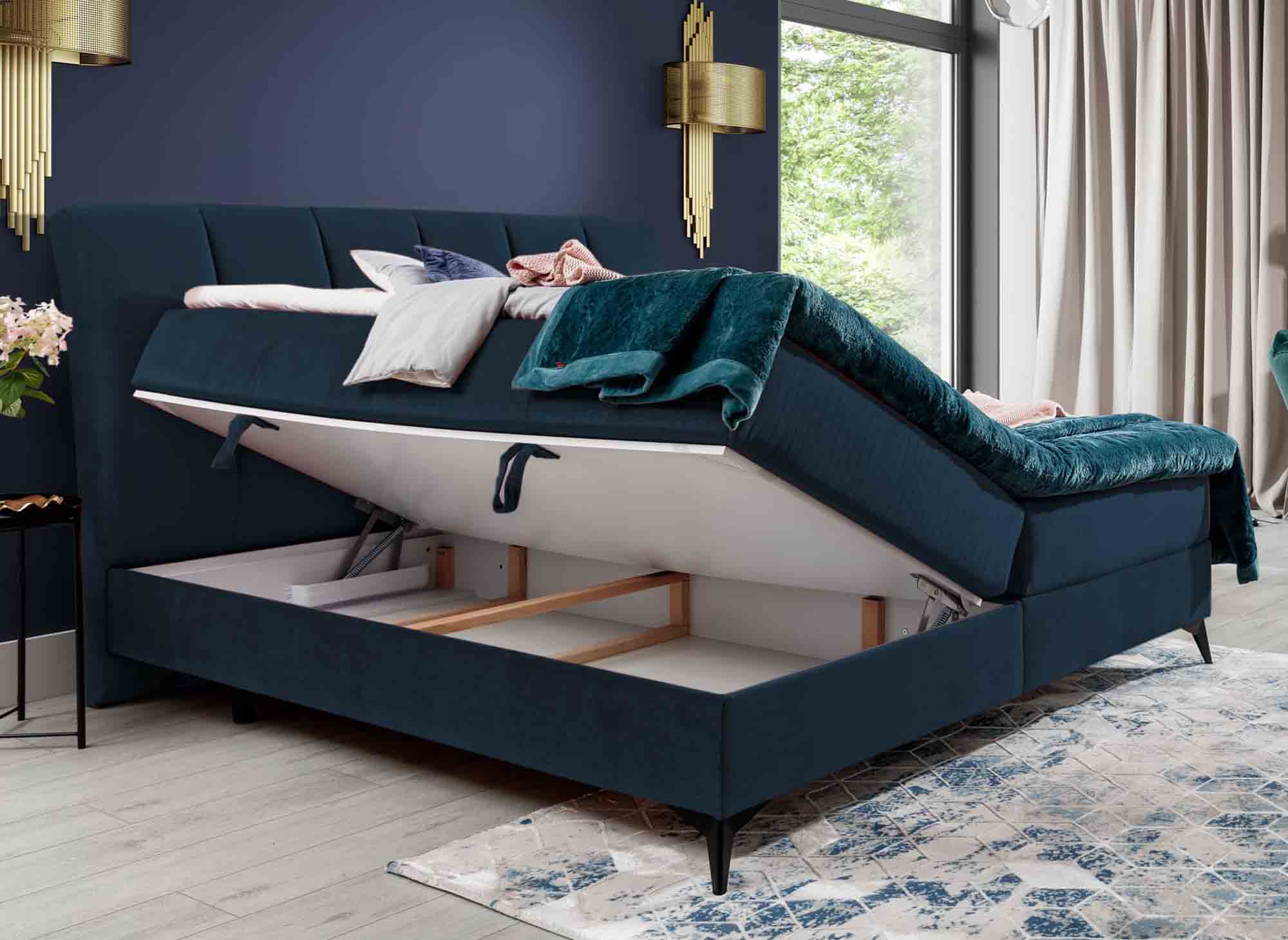 ADELE 160x200 Boxspringbett mit Stauraum in dunkelblauem Samt