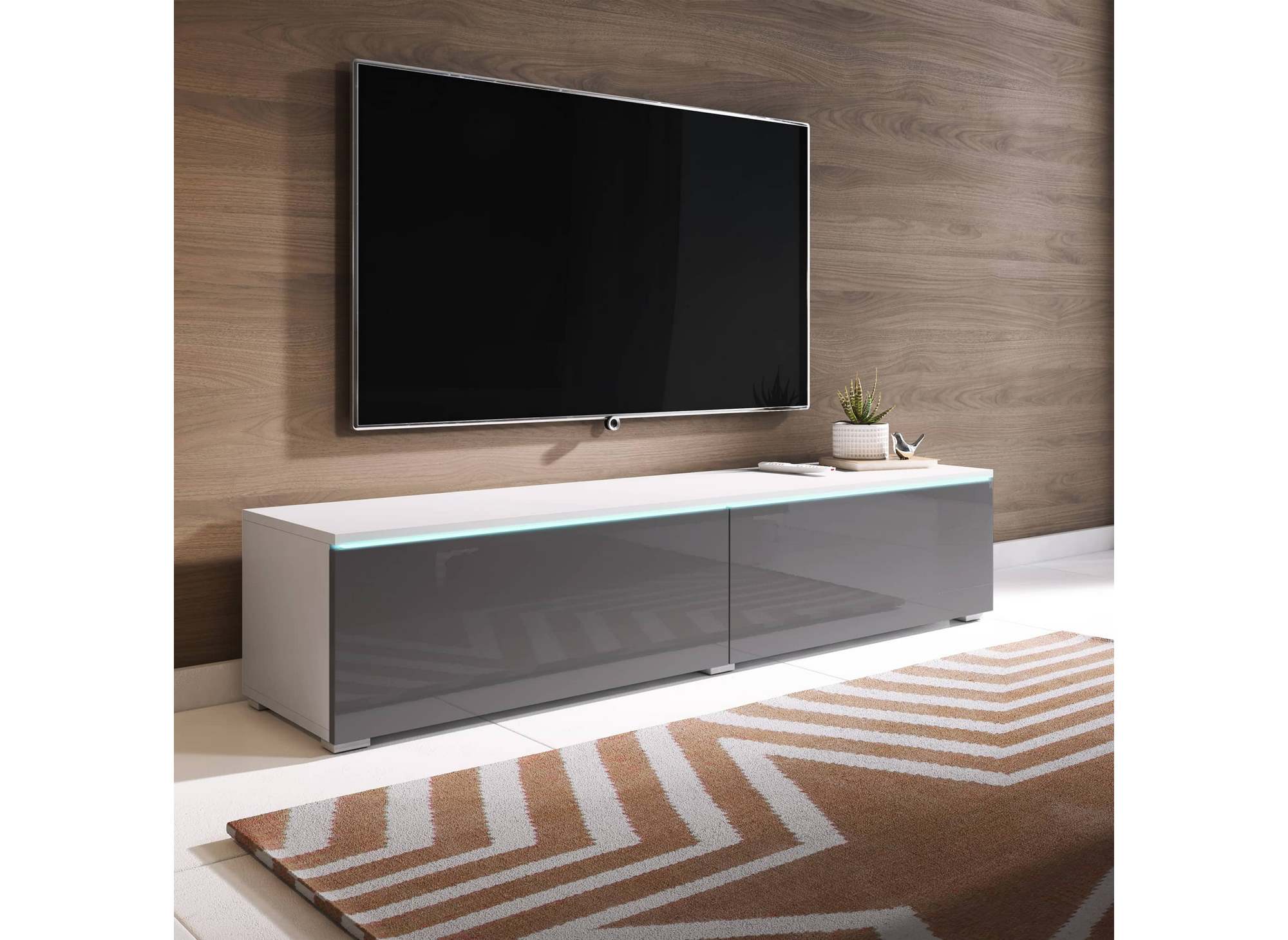 Moderner grau-weiß lackierter TV-Schrank mit LED 2 Türen MALORIE - 140 cm