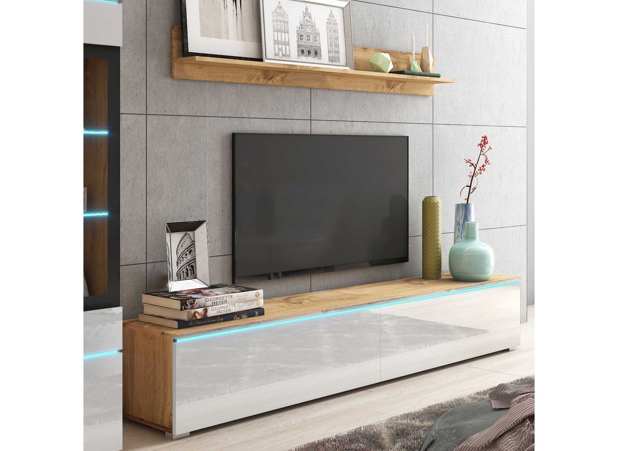 Moderner TV-Schrank aus Eiche und weiß lackiert mit LED - VERONICA