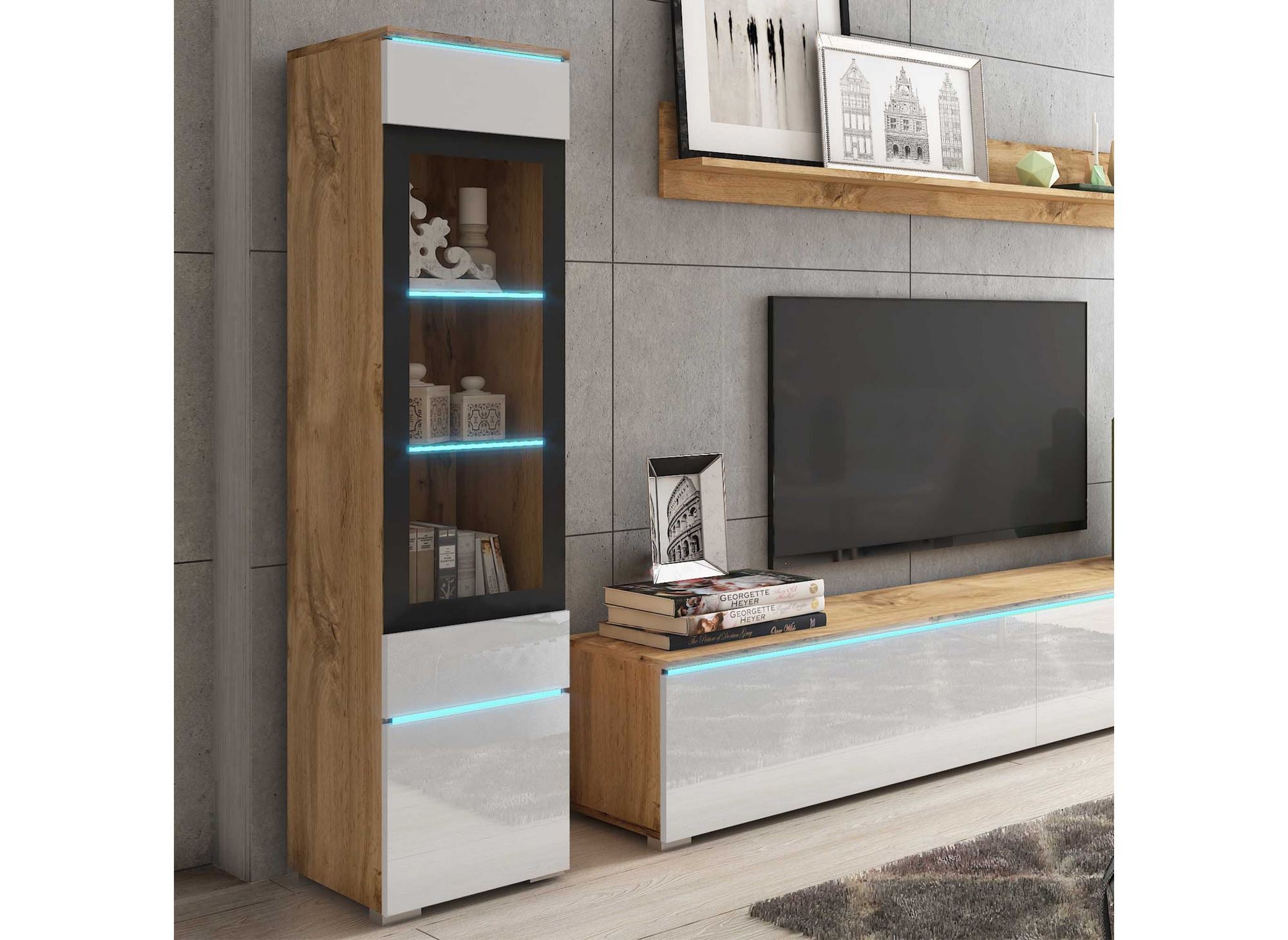 Moderner TV-Schrank aus Eiche und weiß lackiert mit LED - VERONICA