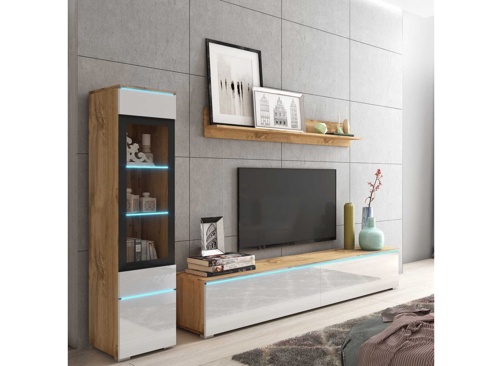 Moderner TV-Schrank aus Eiche und weiß lackiert mit LED - VERONICA