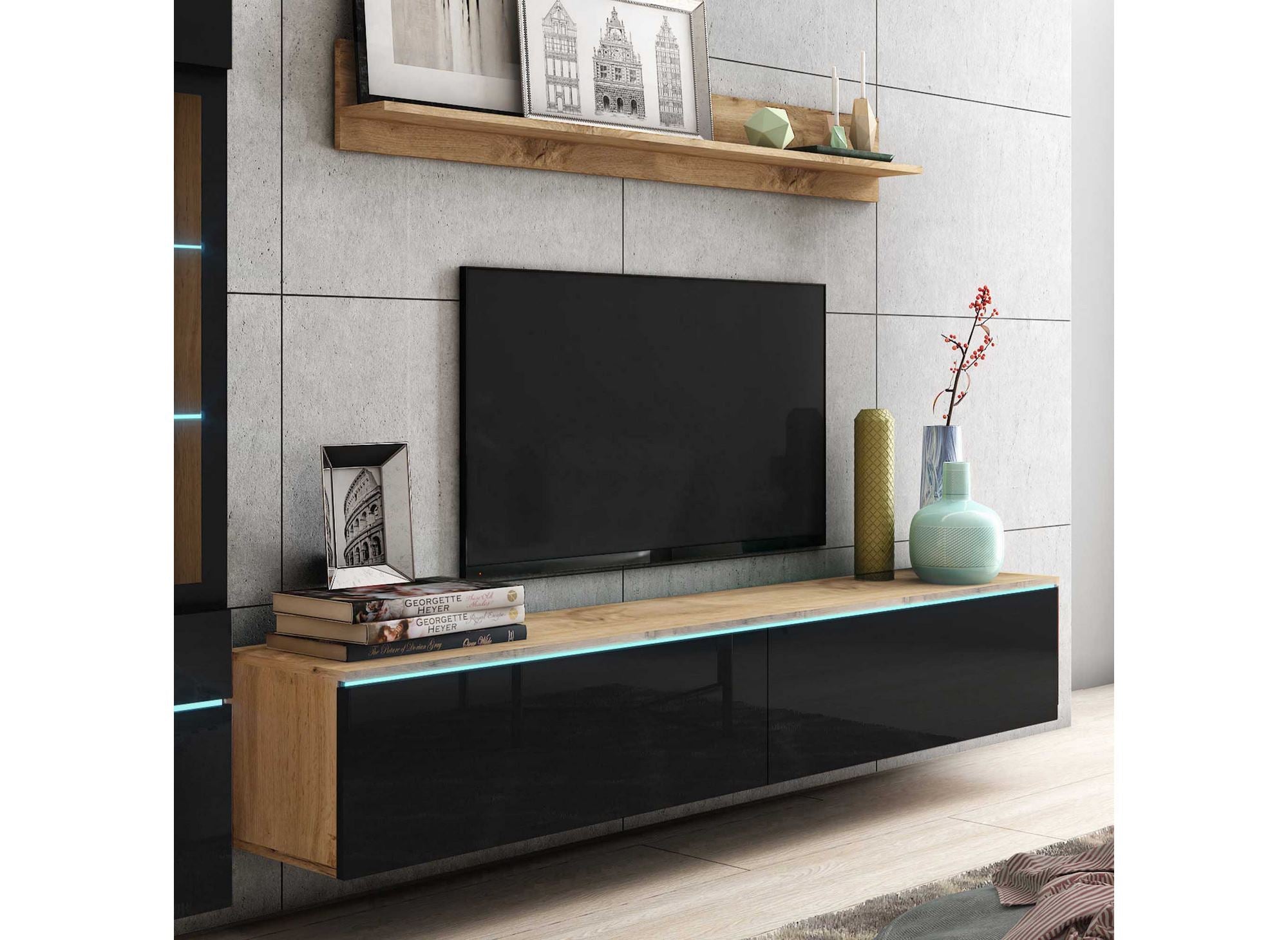 Moderner TV-Schrank aus Eiche und Schwarzlack mit LED – VERONICA