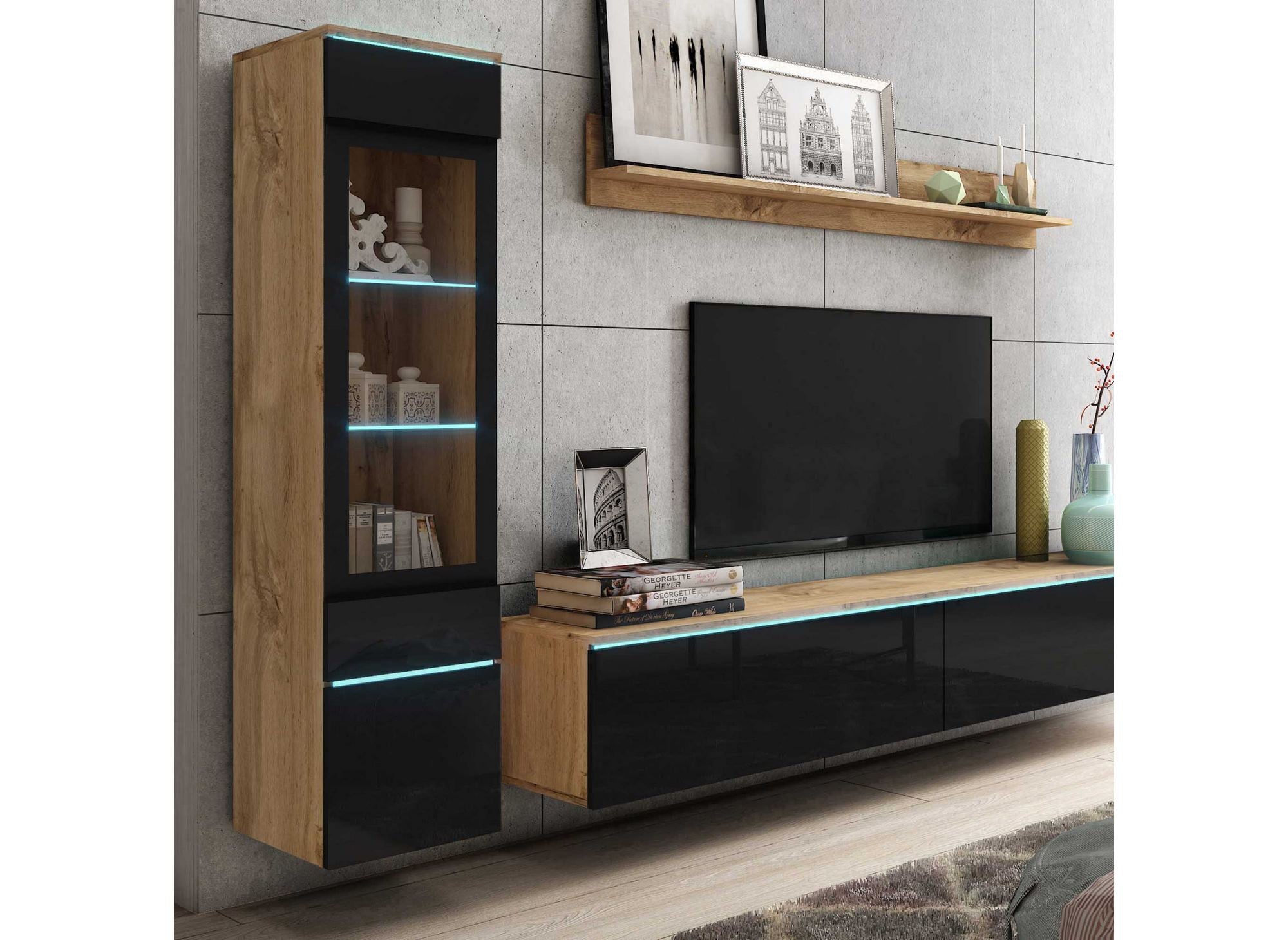 Moderner TV-Schrank aus Eiche und Schwarzlack mit LED – VERONICA