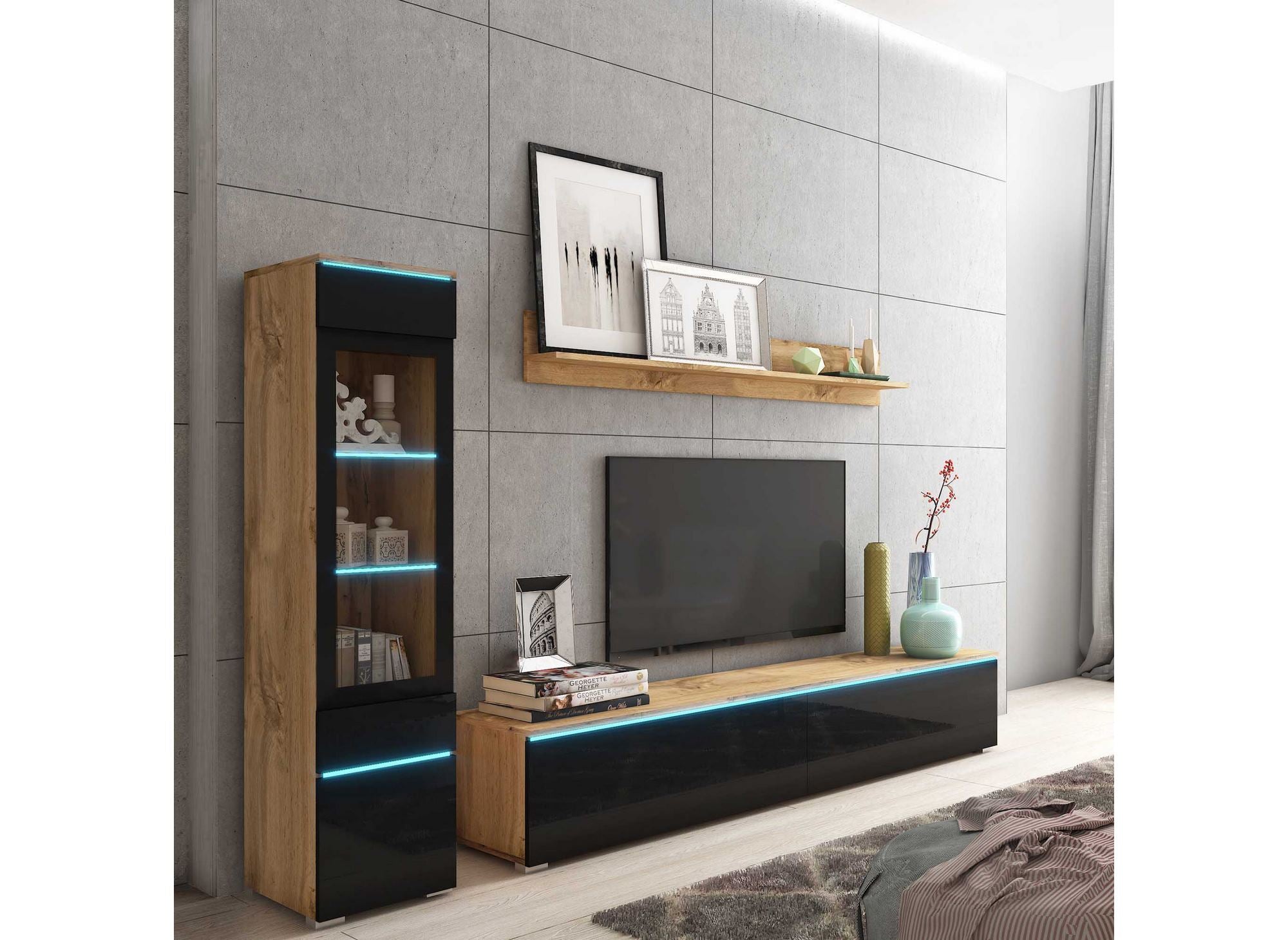 Moderner TV-Schrank aus Eiche und Schwarzlack mit LED – VERONICA