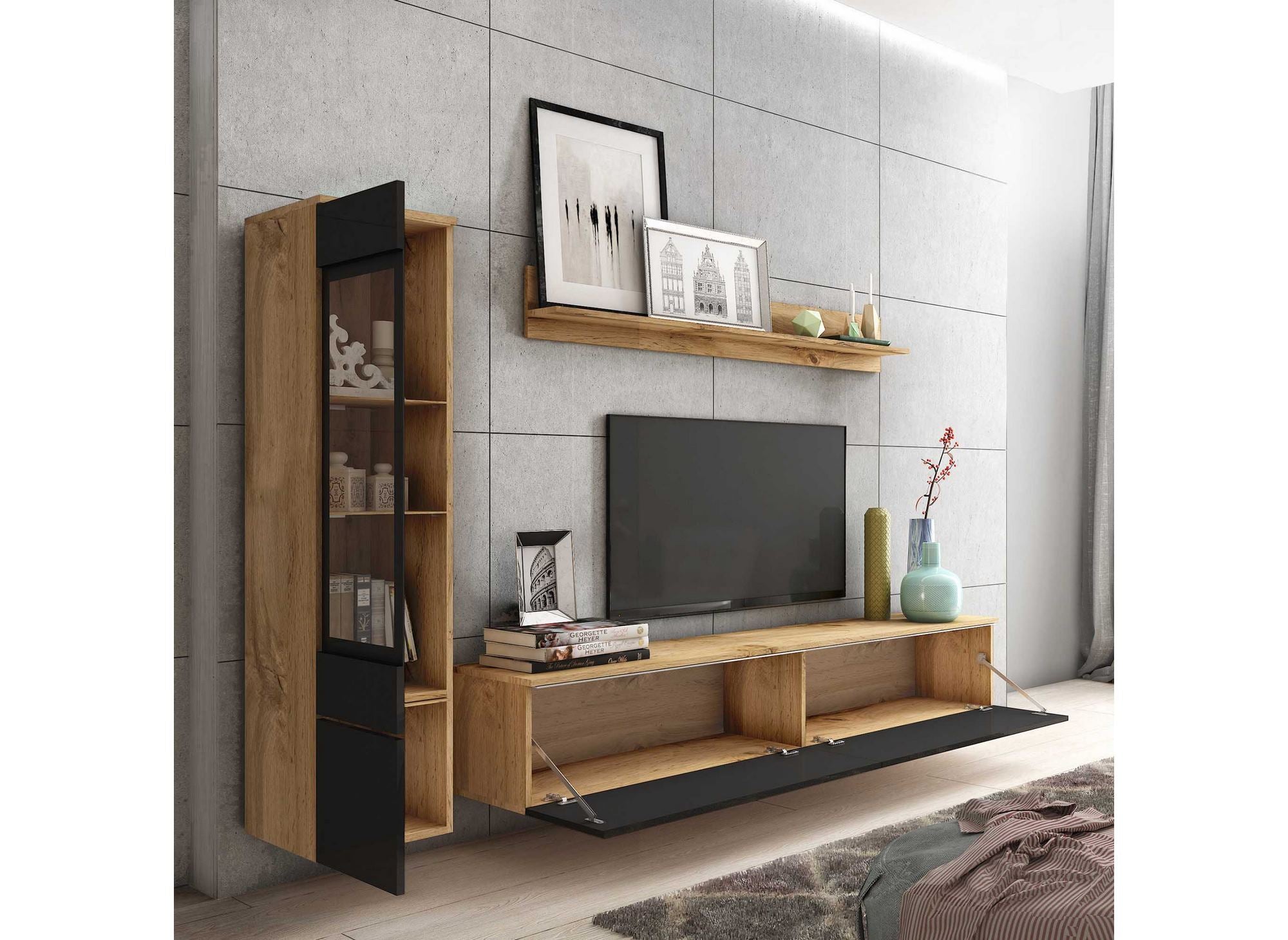 Moderner TV-Schrank aus Eiche und Schwarzlack mit LED – VERONICA