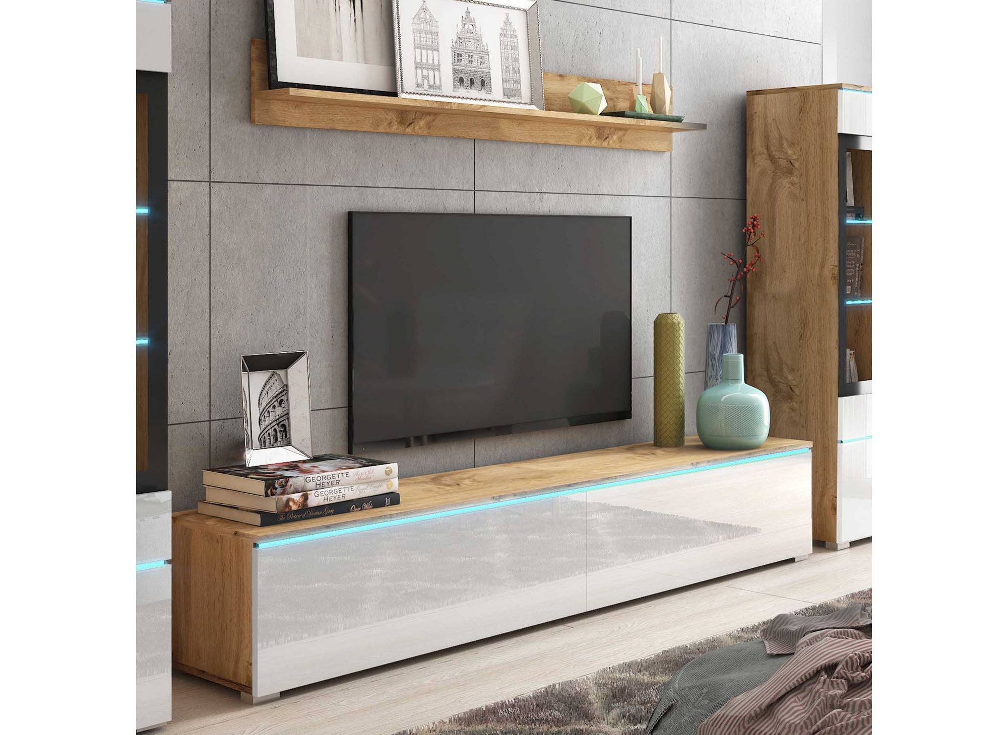 Moderner TV-Schrank aus Eiche und weiß lackiert mit LED - VERONICA XL