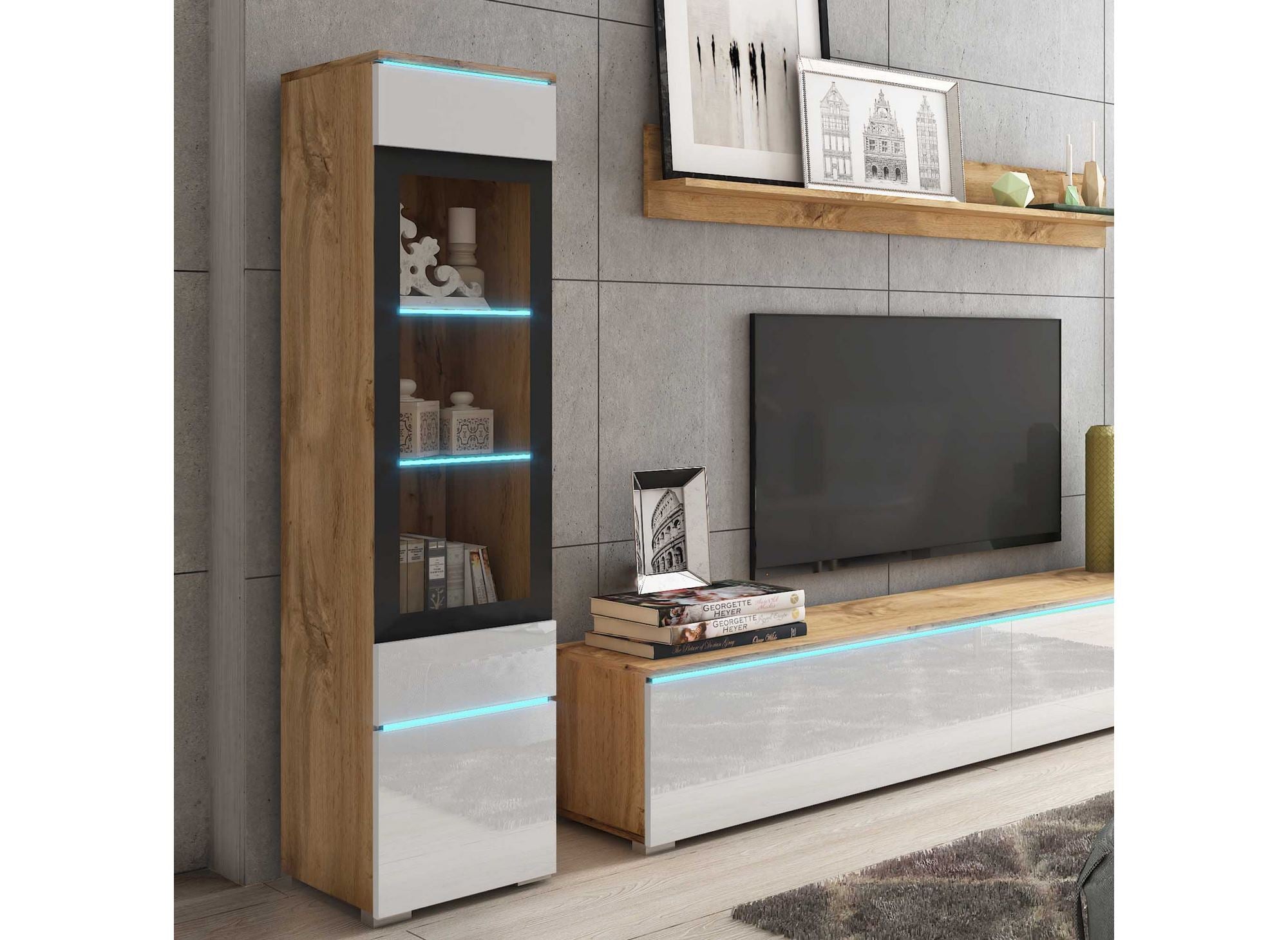 Moderner TV-Schrank aus Eiche und weiß lackiert mit LED - VERONICA XL