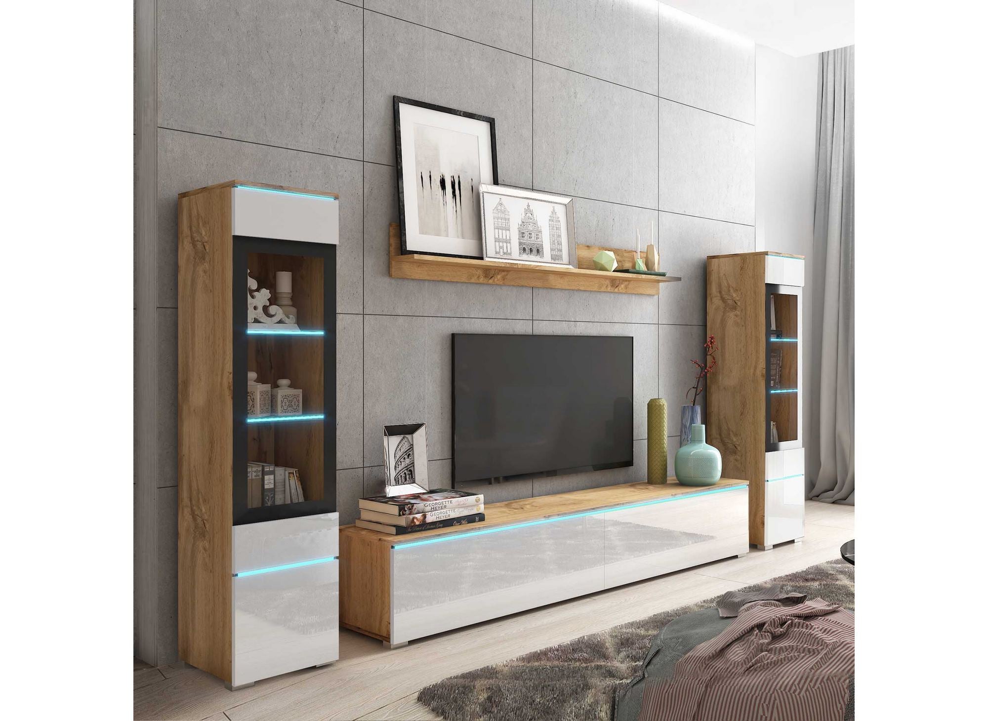 Moderner TV-Schrank aus Eiche und weiß lackiert mit LED - VERONICA XL