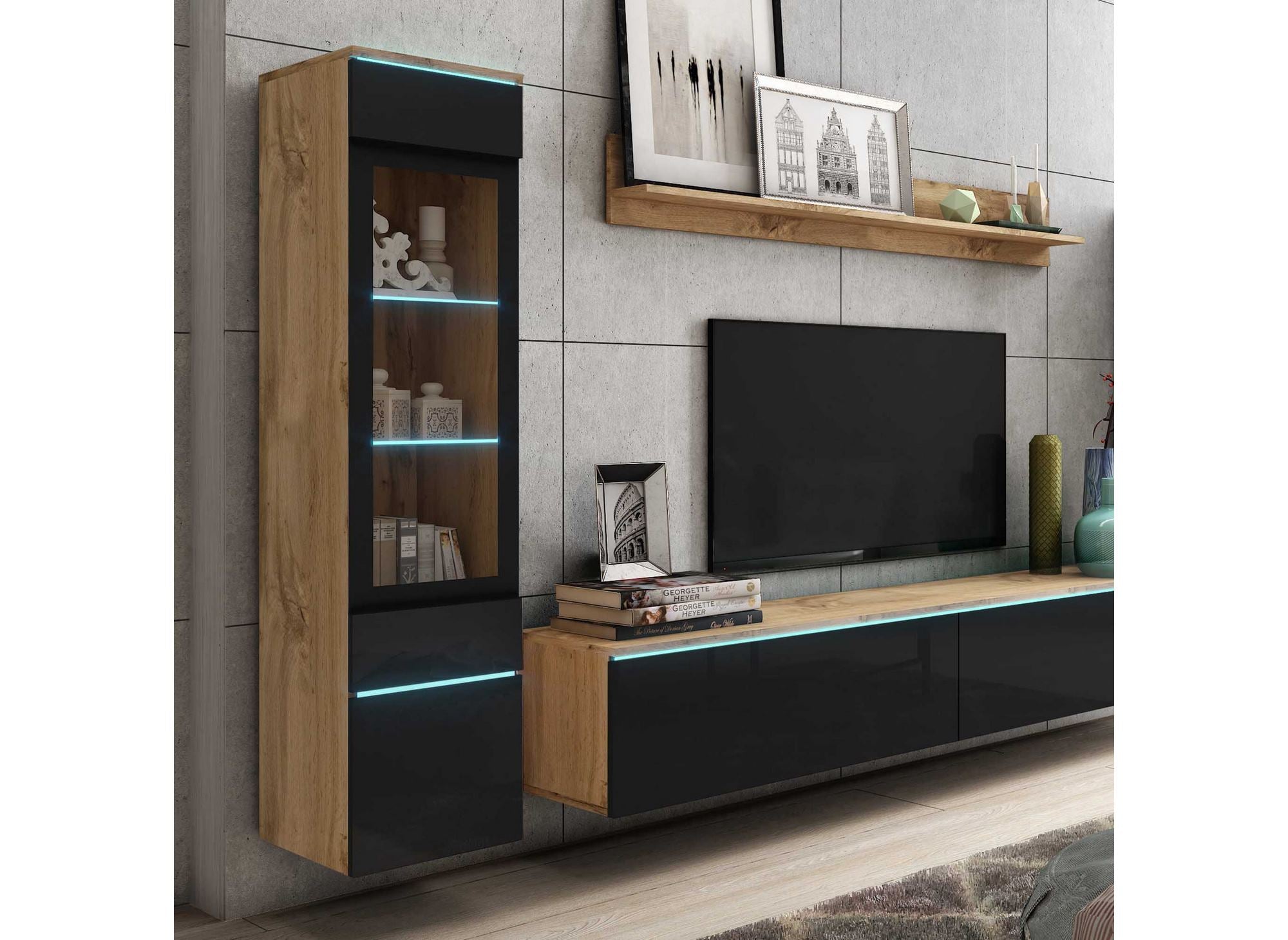 Moderner TV-Schrank aus Eiche und Schwarzlack mit LED - VERONICA XL