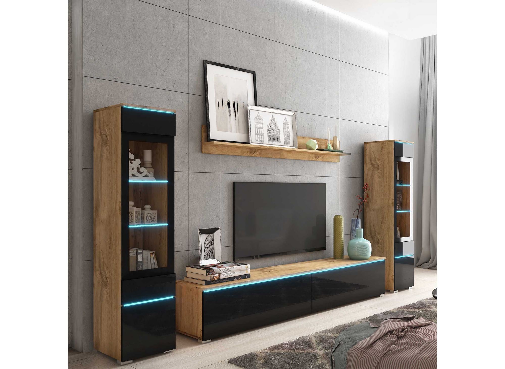 Moderner TV-Schrank aus Eiche und Schwarzlack mit LED - VERONICA XL
