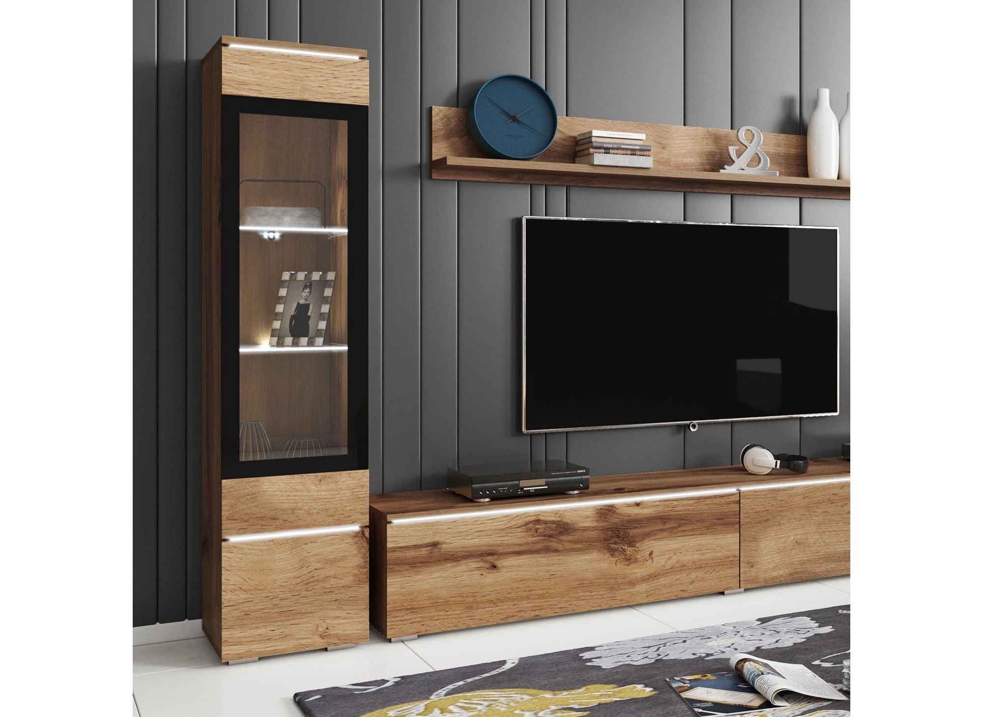 Moderner TV-Ständer aus gealterter Eiche mit LEDs - VERONICA XL