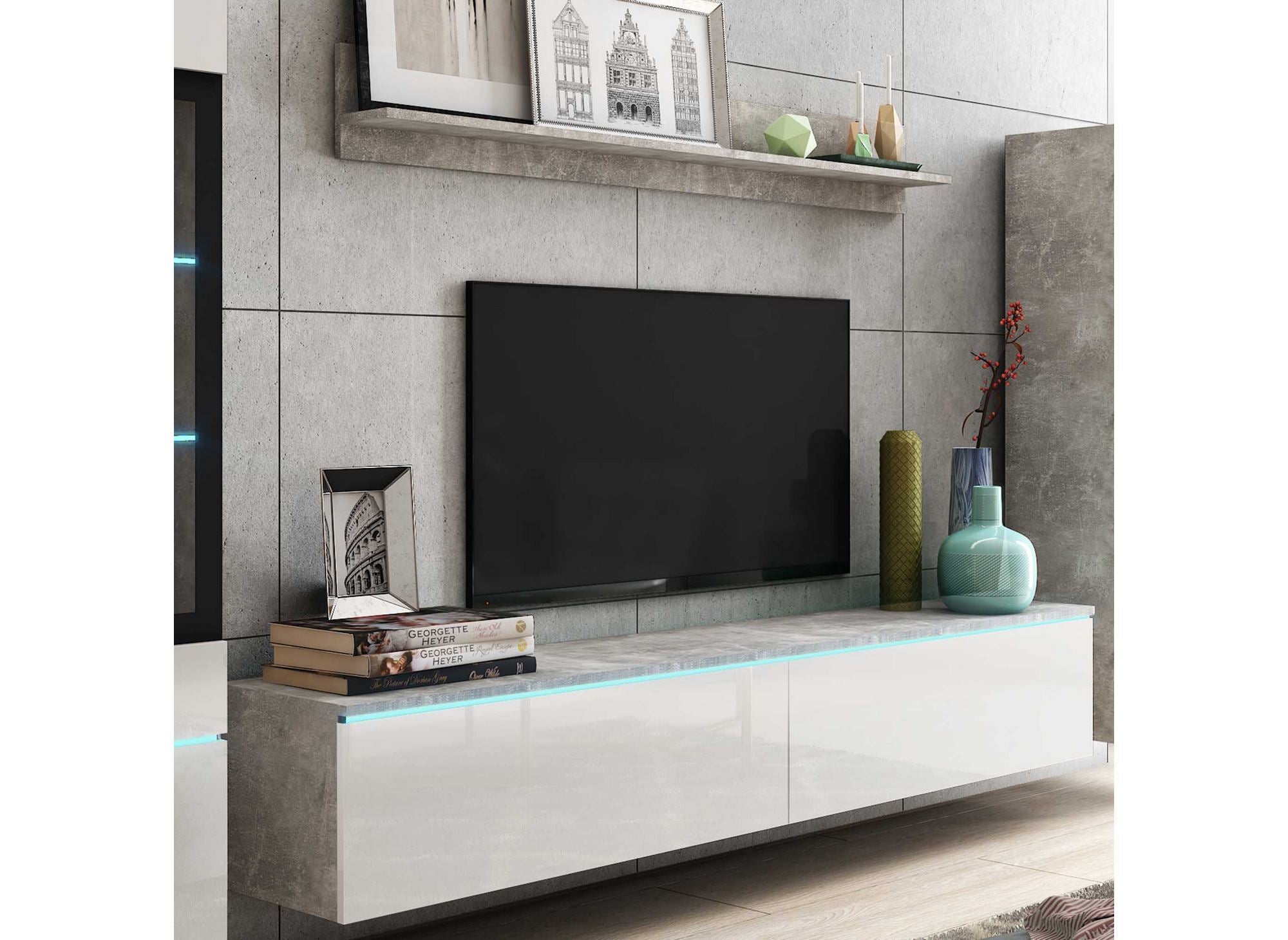 Zeitgenössischer TV-Schrank in Betongrau und Weißlack mit LED – VERONICA