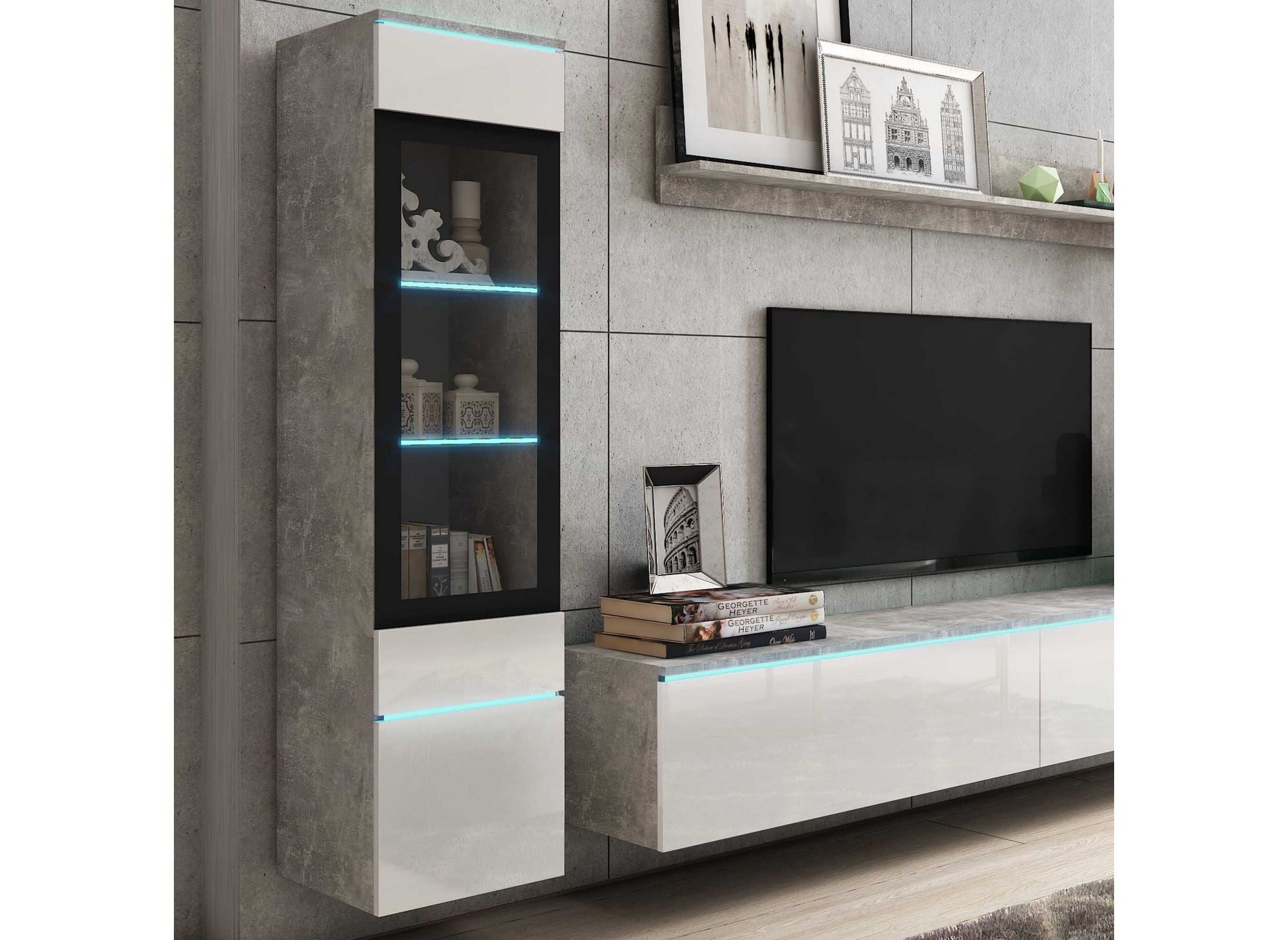 Zeitgenössischer TV-Schrank in Betongrau und Weißlack mit LED – VERONICA
