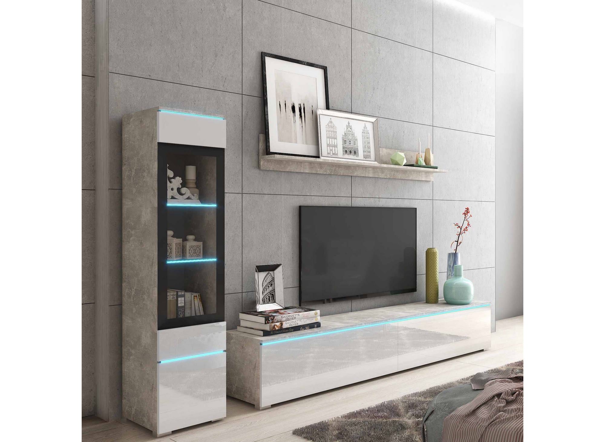 Zeitgenössischer TV-Schrank in Betongrau und Weißlack mit LED – VERONICA