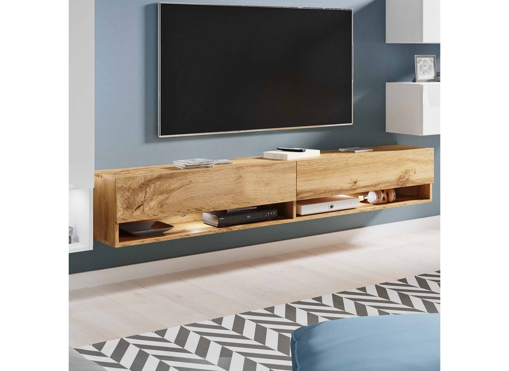 Moderner TV-Schrank aus Eiche und weiß lackiert mit LED - AMANDA