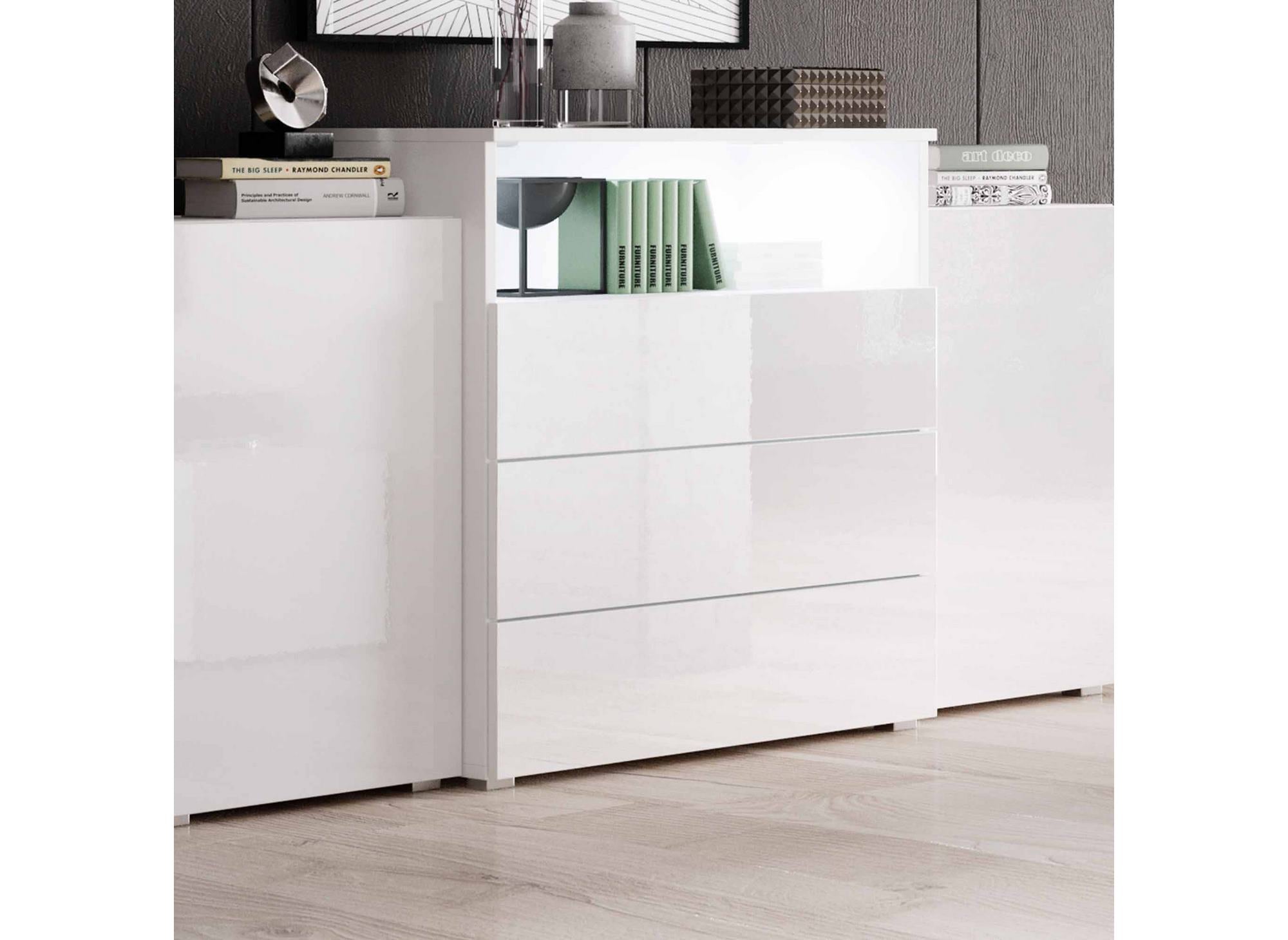 2-türiges, 3-schubladeniges weiß lackiertes Sideboard mit LEDs - MARCEL