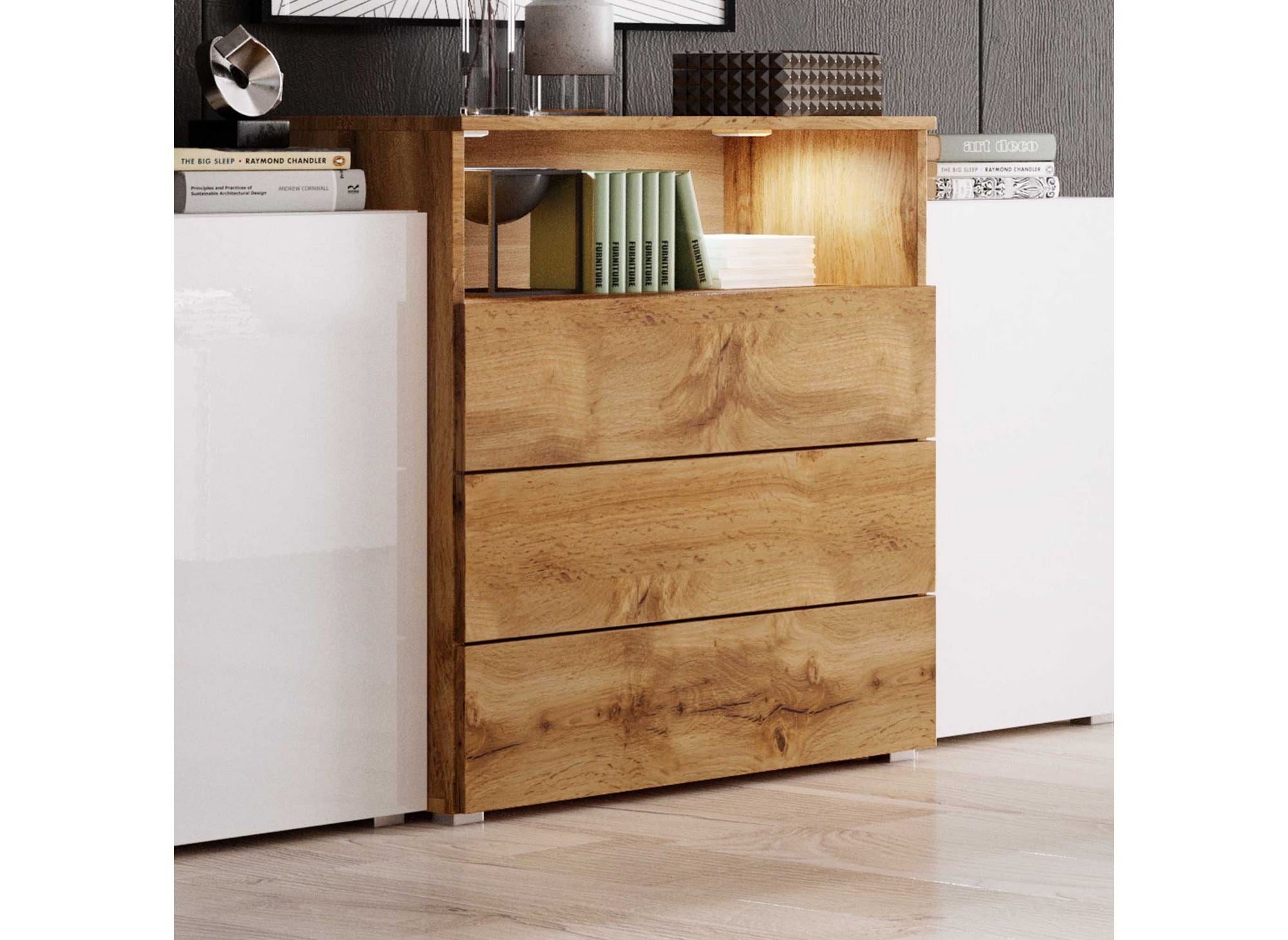 MARCEL Sideboard mit 2 Türen, 3 Schubladen, Weiß und Holz, mit LED-Beleuchtung