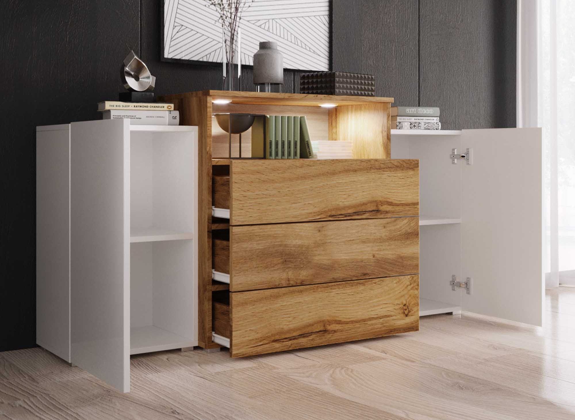 MARCEL Sideboard mit 2 Türen, 3 Schubladen, Weiß und Holz, mit LED-Beleuchtung