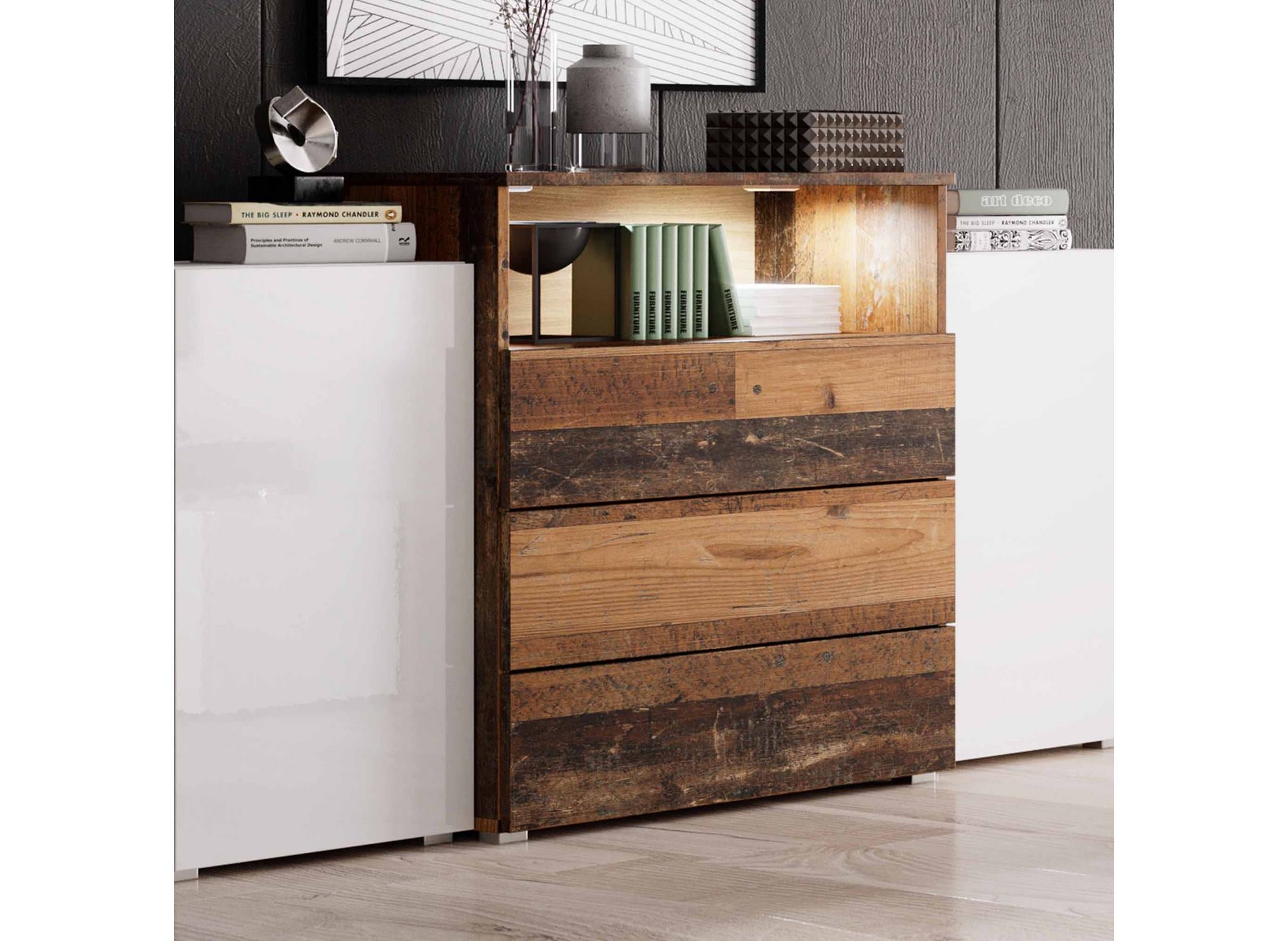 Sideboard mit 2 Türen, 3 Schubladen aus weißem und gealtertem Eichenholz mit LEDs - MARCEL