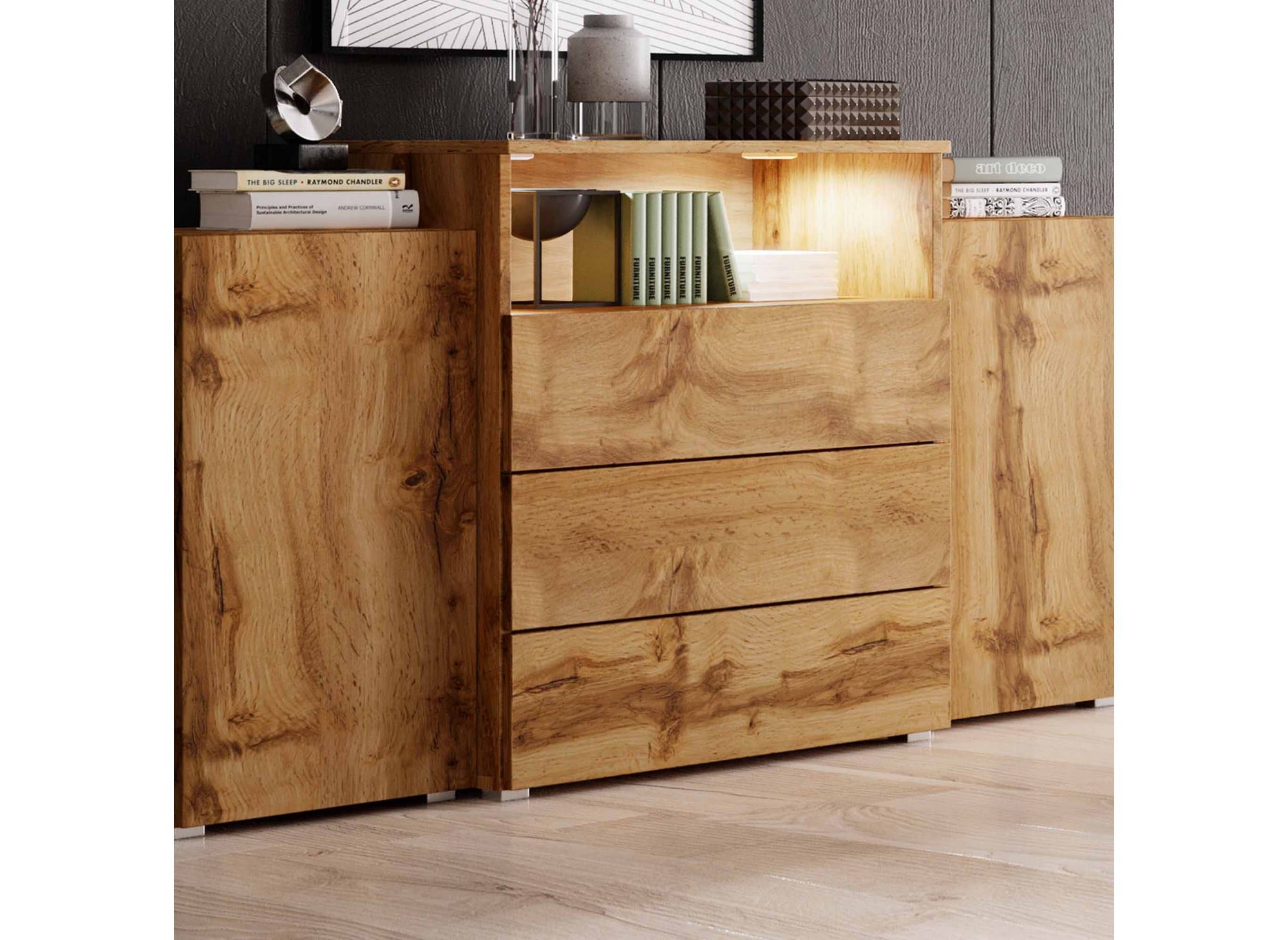 Sideboard aus Eiche mit 2 Türen und 3 Schubladen und LEDs - MARCEL