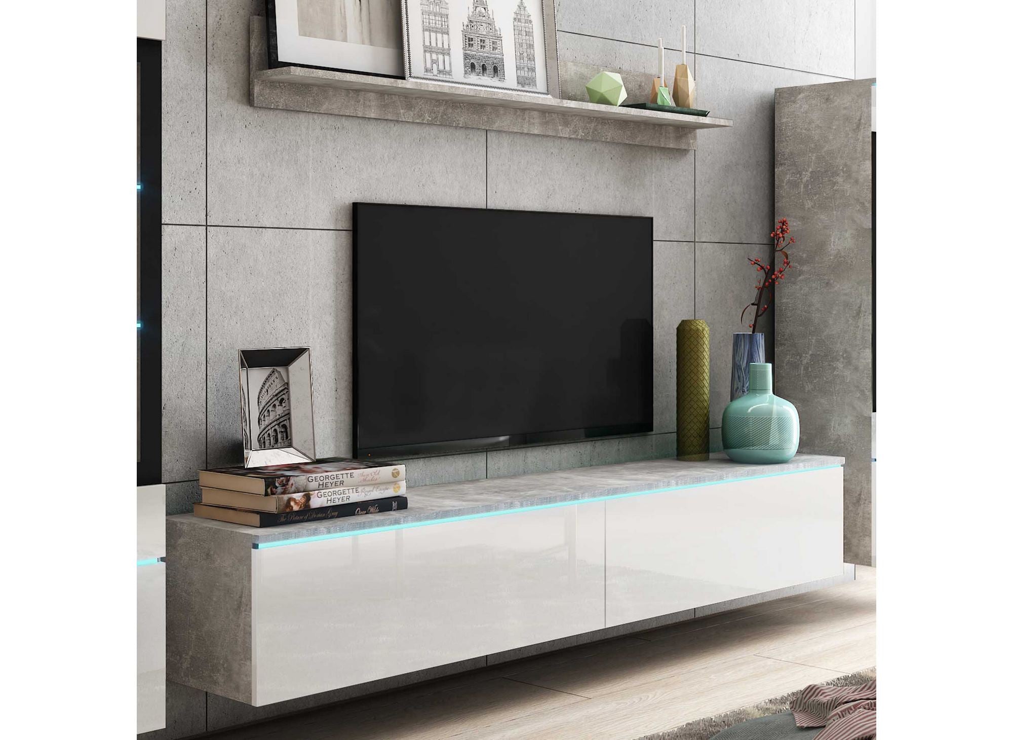 Moderner TV-Ständer mit LED in Betongrau und Weiß lackiert – VERONICA XL