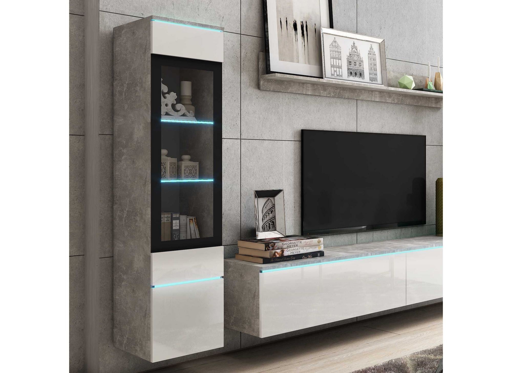 Moderner TV-Ständer mit LED in Betongrau und Weiß lackiert – VERONICA XL
