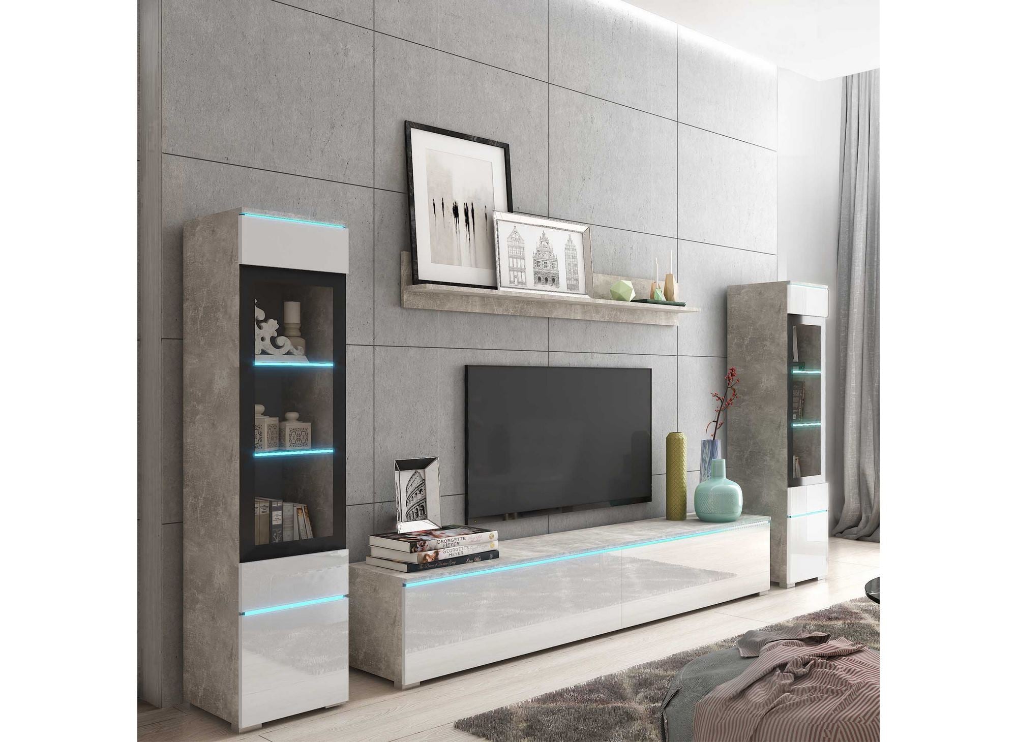 Moderner TV-Ständer mit LED in Betongrau und Weiß lackiert – VERONICA XL