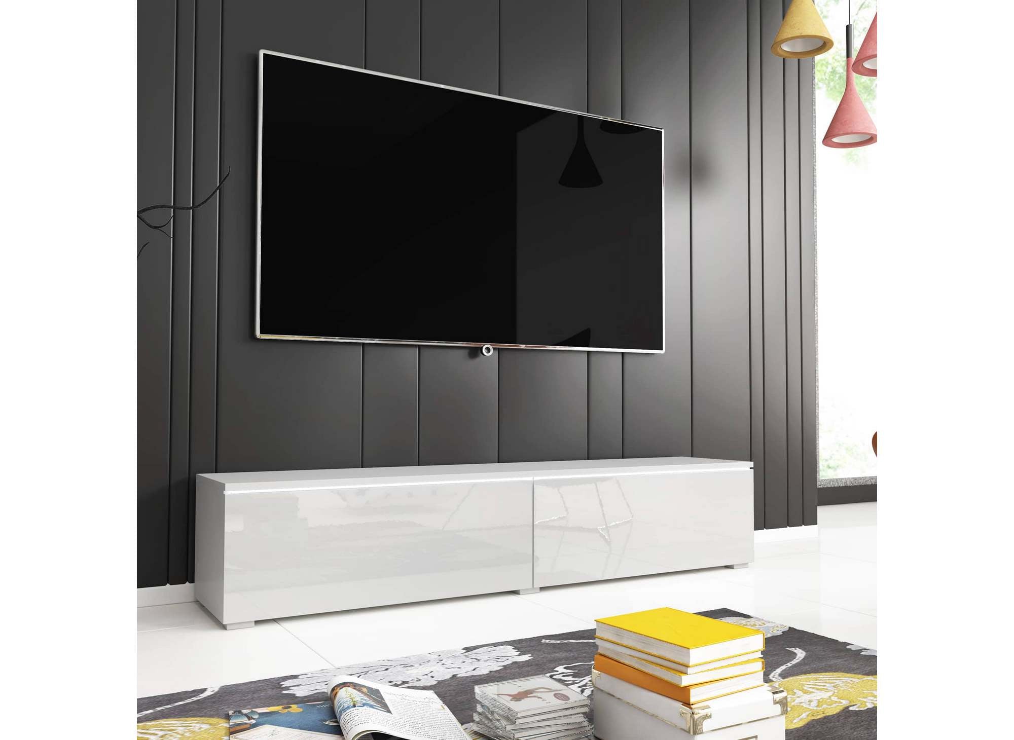Moderner weiß lackierter TV-Schrank mit LED 2 Türen MALORIE - 180 cm