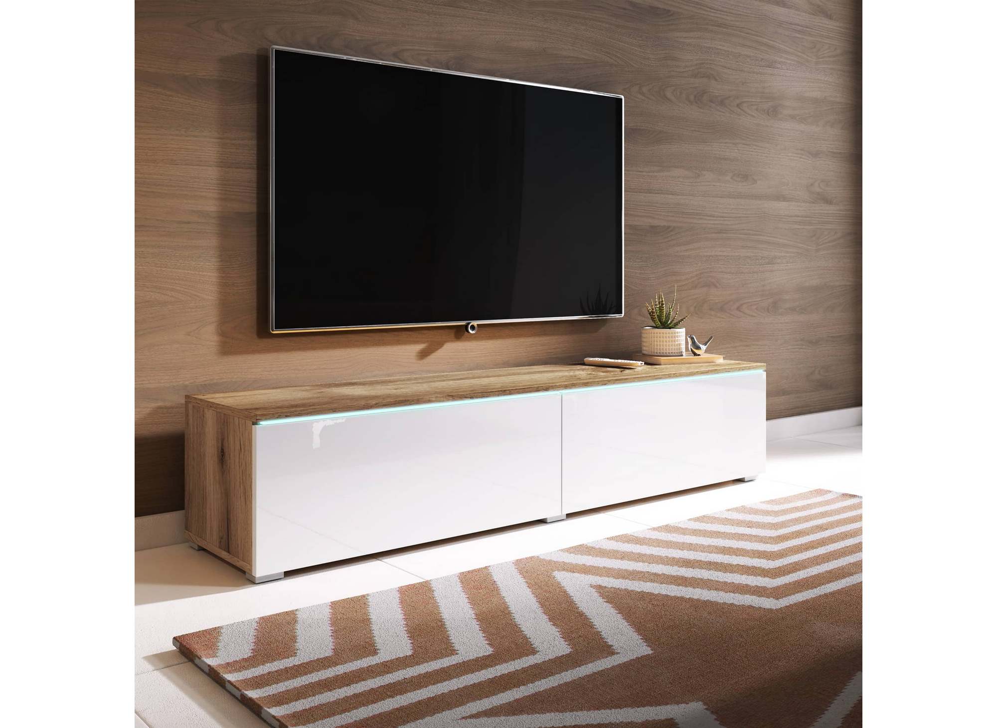 Moderner TV-Schrank aus Eiche und Weiß mit LED, 2 Türen, MALORIE – 180 cm