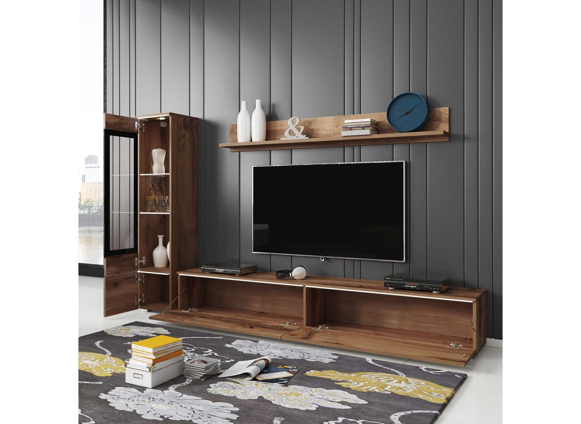 Moderner TV-Ständer aus gealterter Eiche mit LED - VERONICA